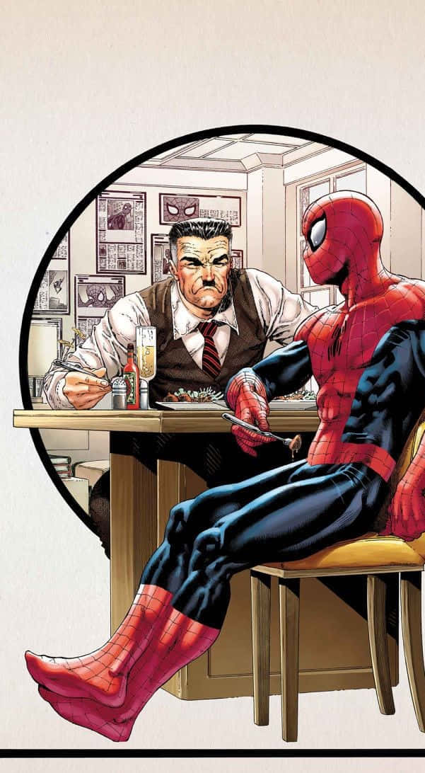 J Jonah Jameson 桌布 壁紙 — 蜘蛛俠坐在圓形窗框內的餐廳桌子對面，對面是一位嚴肅的男子。