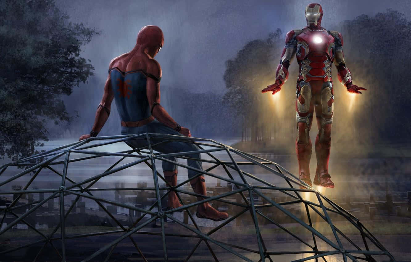 Iron Man Art 桌布 壁紙 — 蜘蛛俠坐在金屬圓頂結構上，面向在黃昏薄霧森林中懸浮的鐵甲奇俠。