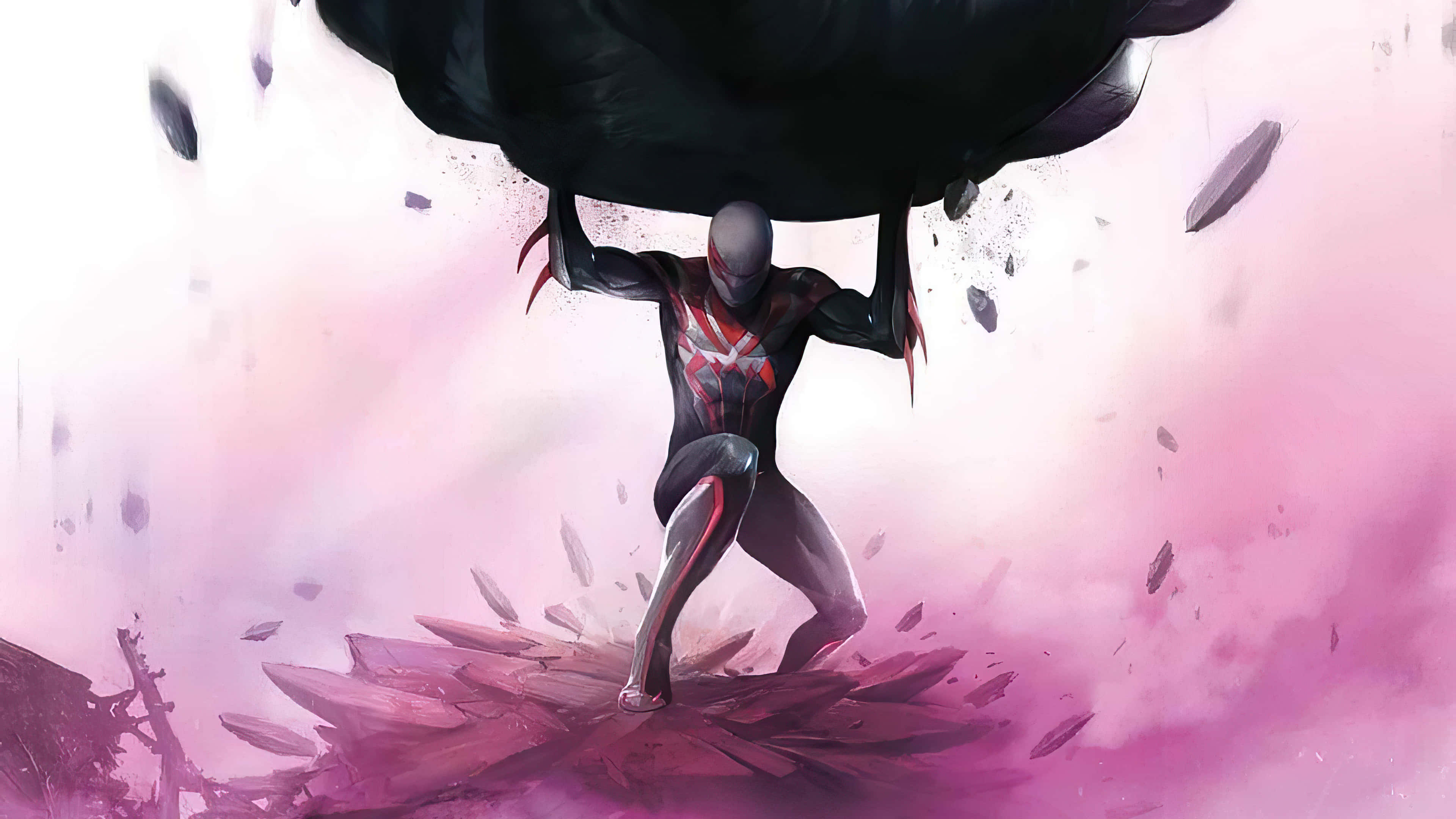 Spider Man 2099 桌布 壁紙 — 蜘蛛俠將一塊巨大的黑色巨石高舉過頭，破碎的紫色水晶在他周圍爆炸，形成一個動態的數位藝術場景。