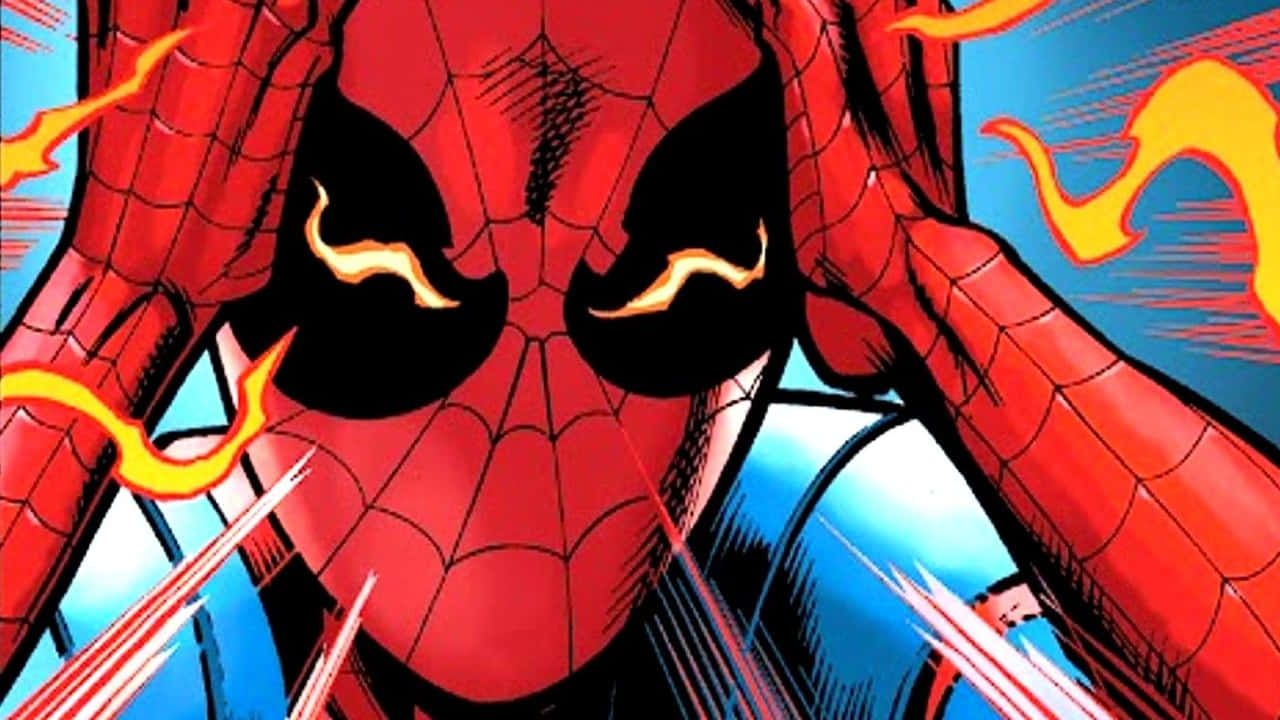 Spider-man Spider Sense 桌布 壁紙 — 蜘蛛俠強烈的面孔，發光的眼睛和熾熱的能量爆發，背景為藍色。