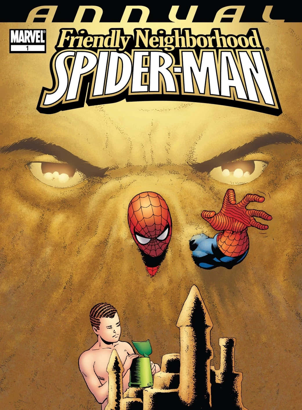 Friendly Neighborhood Spider-man 桌布 壁紙 — 蜘蛛俠從一個巨大的沙堡躍起，一個發光的眼睛的威脅面孔注視著一個正在建造它的男孩。