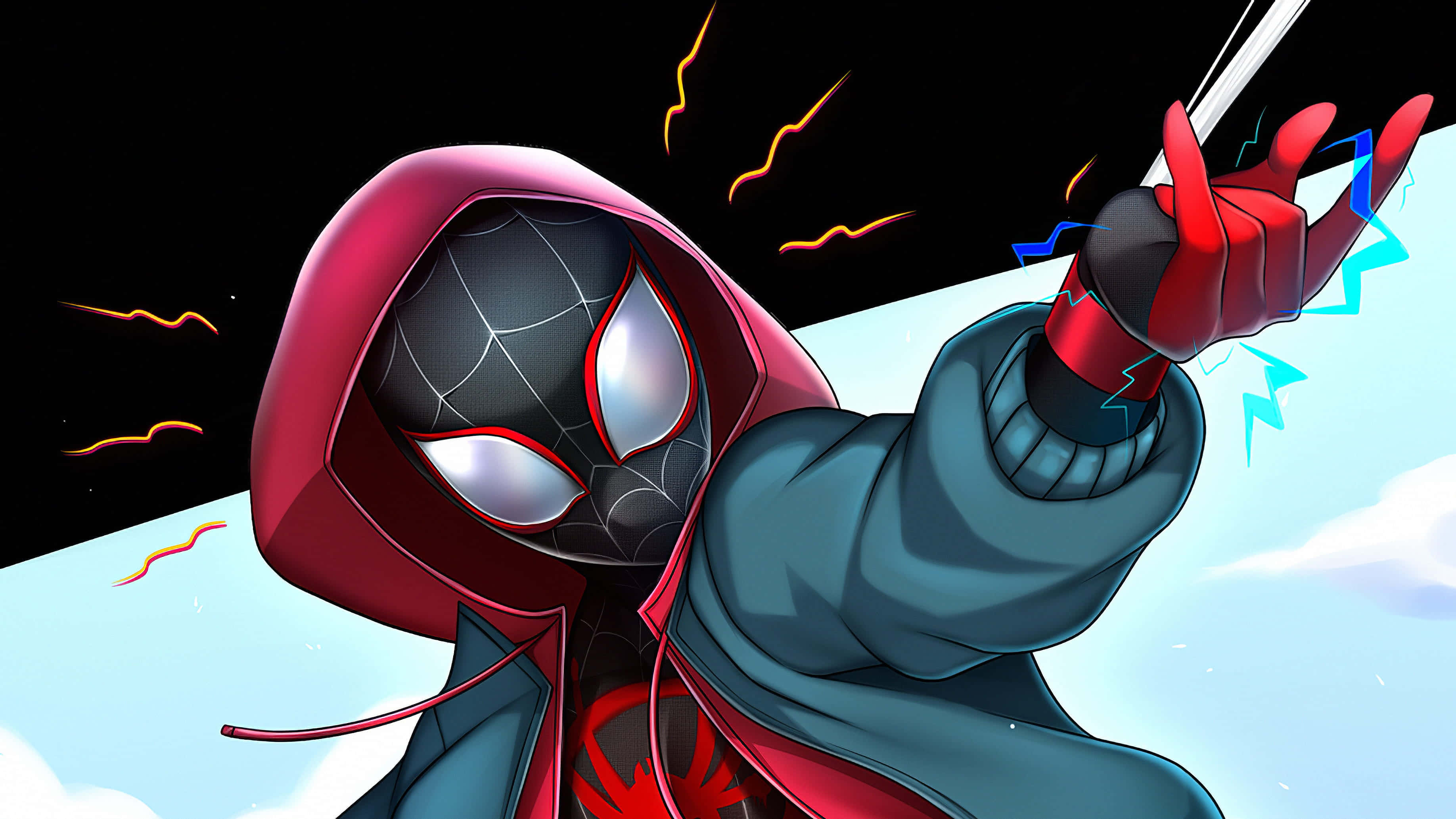 Spider-man Spider Sense 桌布 壁紙 — 蜘蛛俠戴着紅色連帽衫和藍色外套，在天空中擺盪，手中迸發出電光藍色和橙色的能量。
