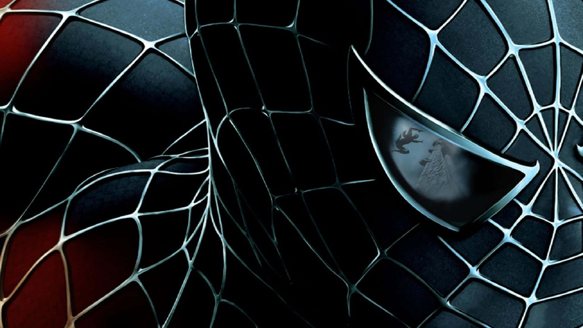 Spider Man 3 桌布 壁紙 — 蜘蛛俠戴面具的臉部特寫，帶有發光的銀色蛛網和紅色點綴，反映動態的動作場景。