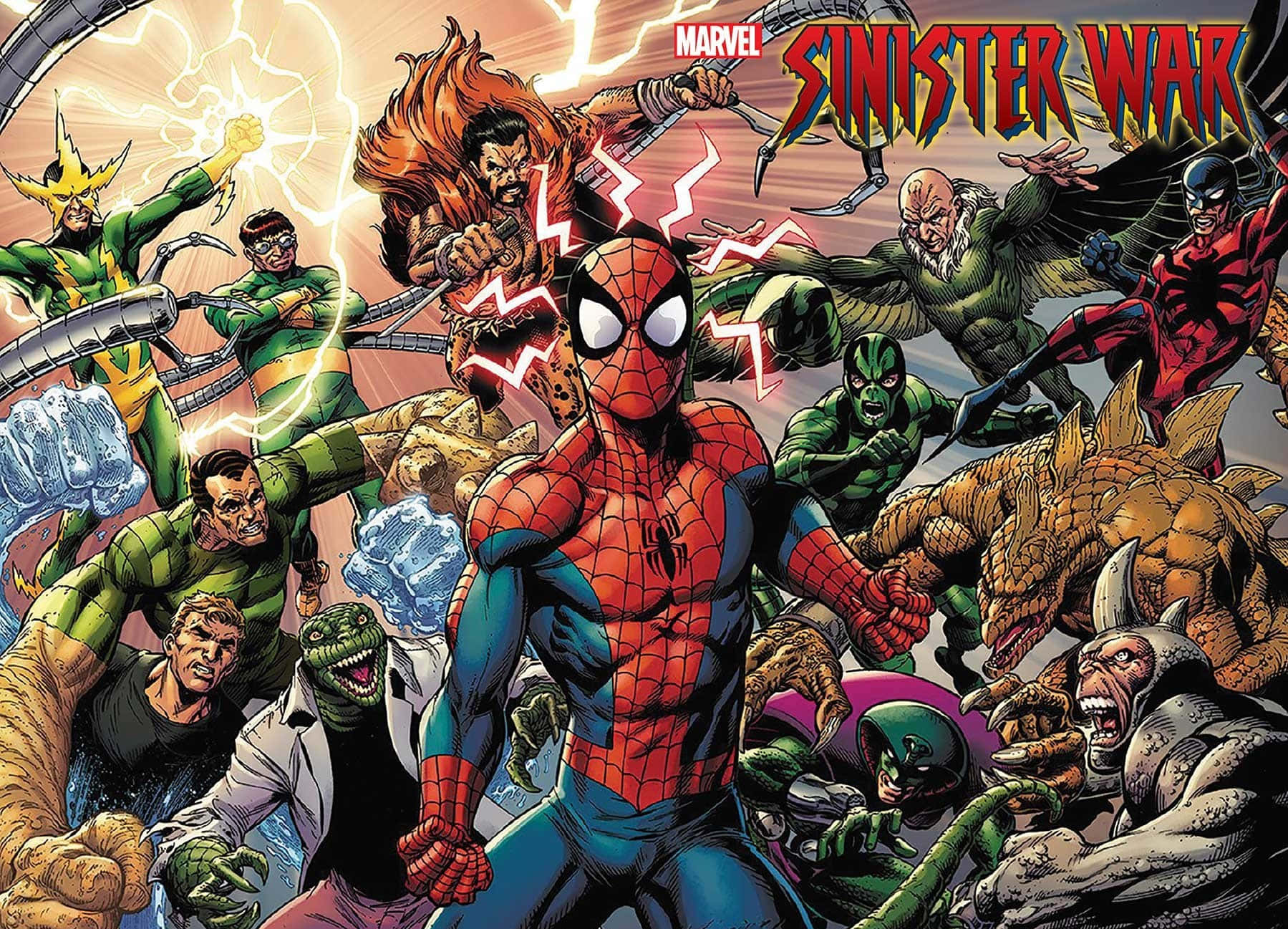 Sinister Six 桌布 壁紙 — 蜘蛛俠挑釁地站在中央，而一群混亂的漫威反派包圍著他，形成一個動態的漫畫戰鬥場景。