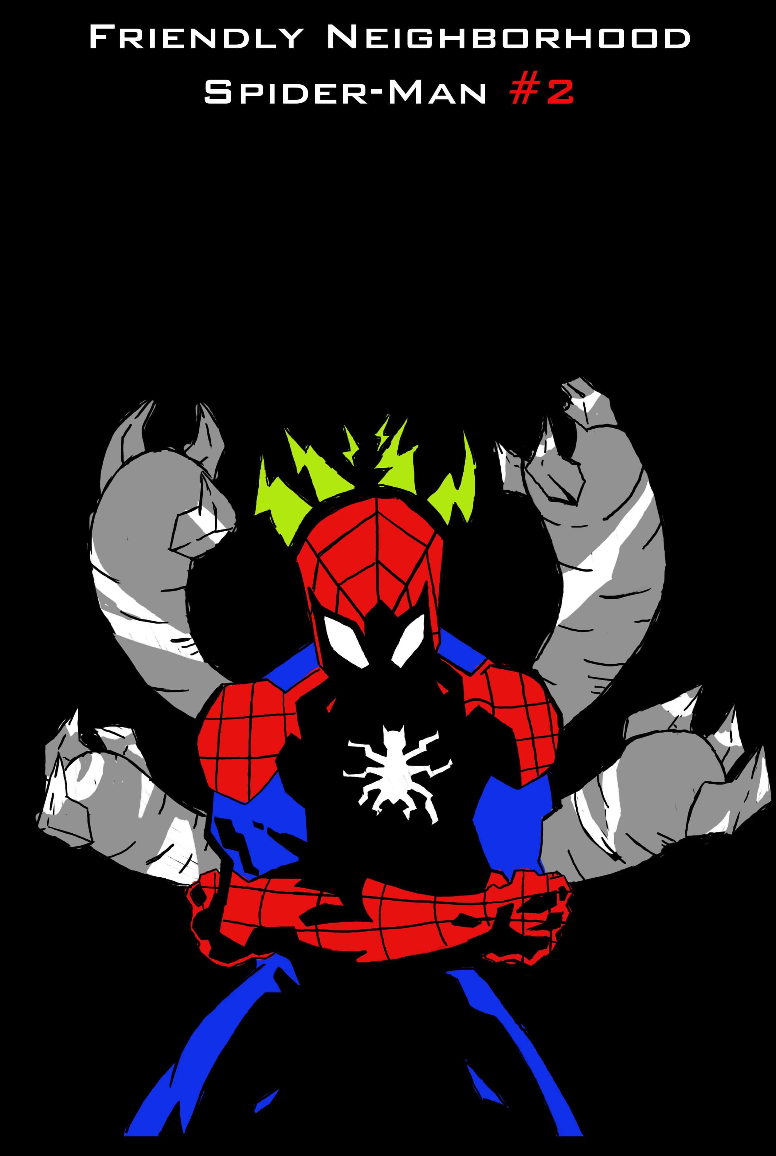 Friendly Neighborhood Spider-man 桌布 壁紙 — 蜘蛛俠挑釁地站在黑色背景前，身後有發光的綠色頭髮和四個灰色石拳隱現。