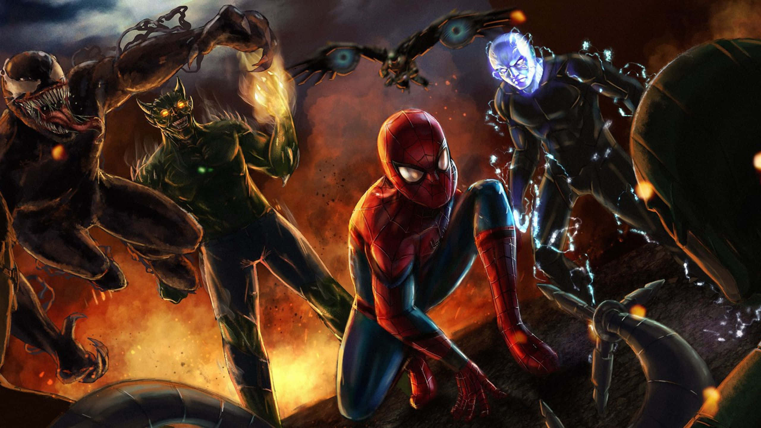 Sinister Six 桌布 壁紙 — 蜘蛛俠挑釁地蹲下，而毒液屠殺和其他反派在火熱的戰鬥場景中蜂擁而至。