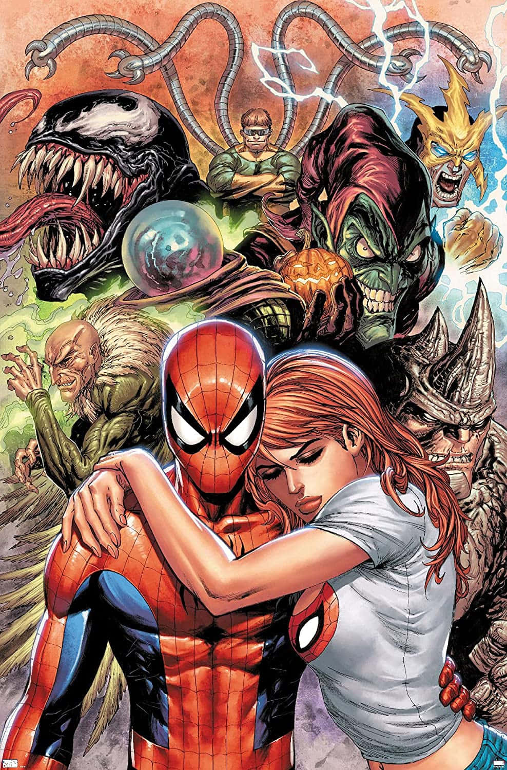 Sinister Six 桌布 壁紙 — 蜘蛛俠擁抱瑪麗·珍，而像毒液和綠惡魔等威脅性反派在背景中隱現。