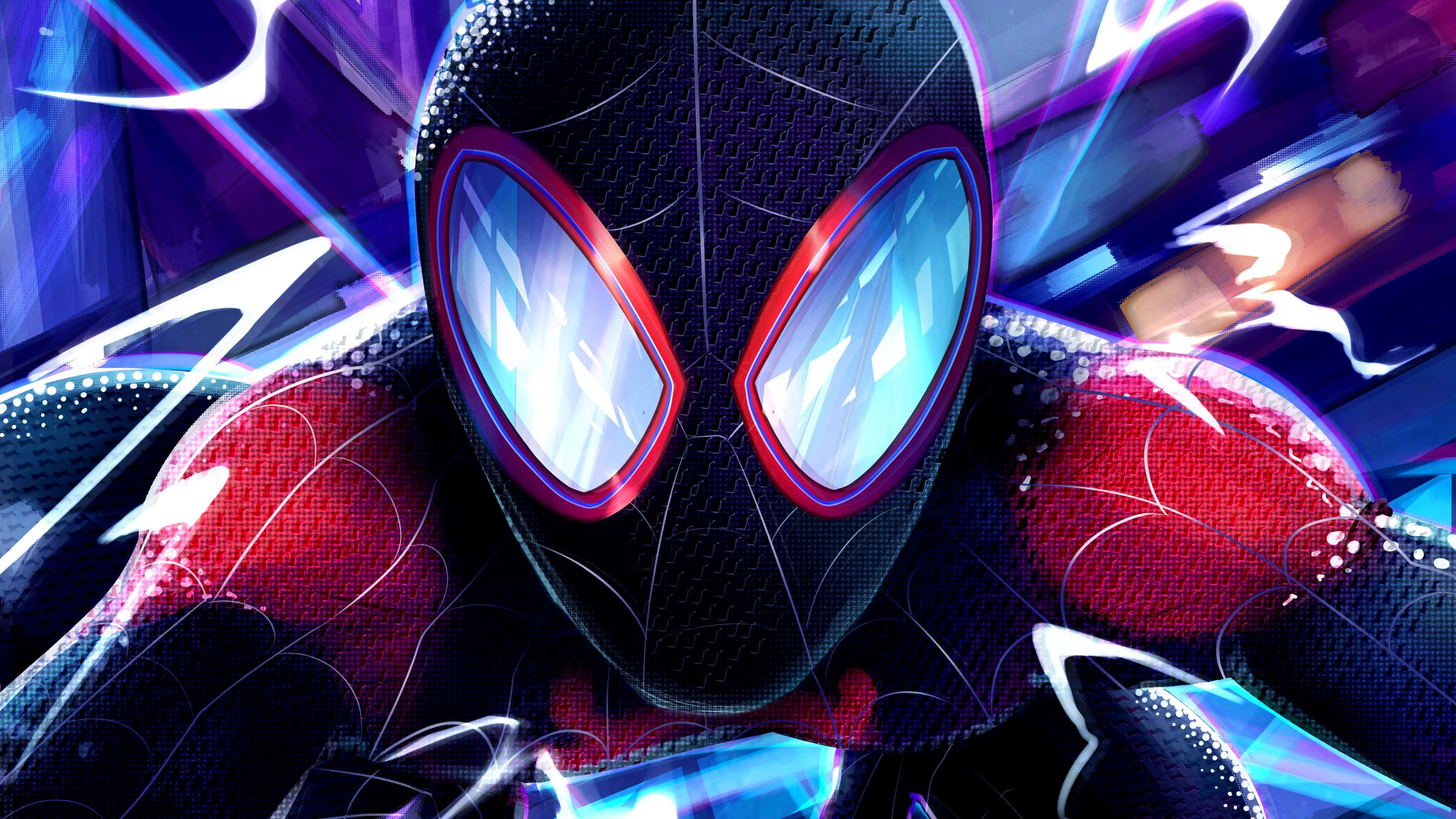 Miles Morales 動漫 桌布 壁紙 — 蜘蛛俠特寫，動態姿勢，發光的眼睛和周圍充滿活力的霓虹能量條紋。