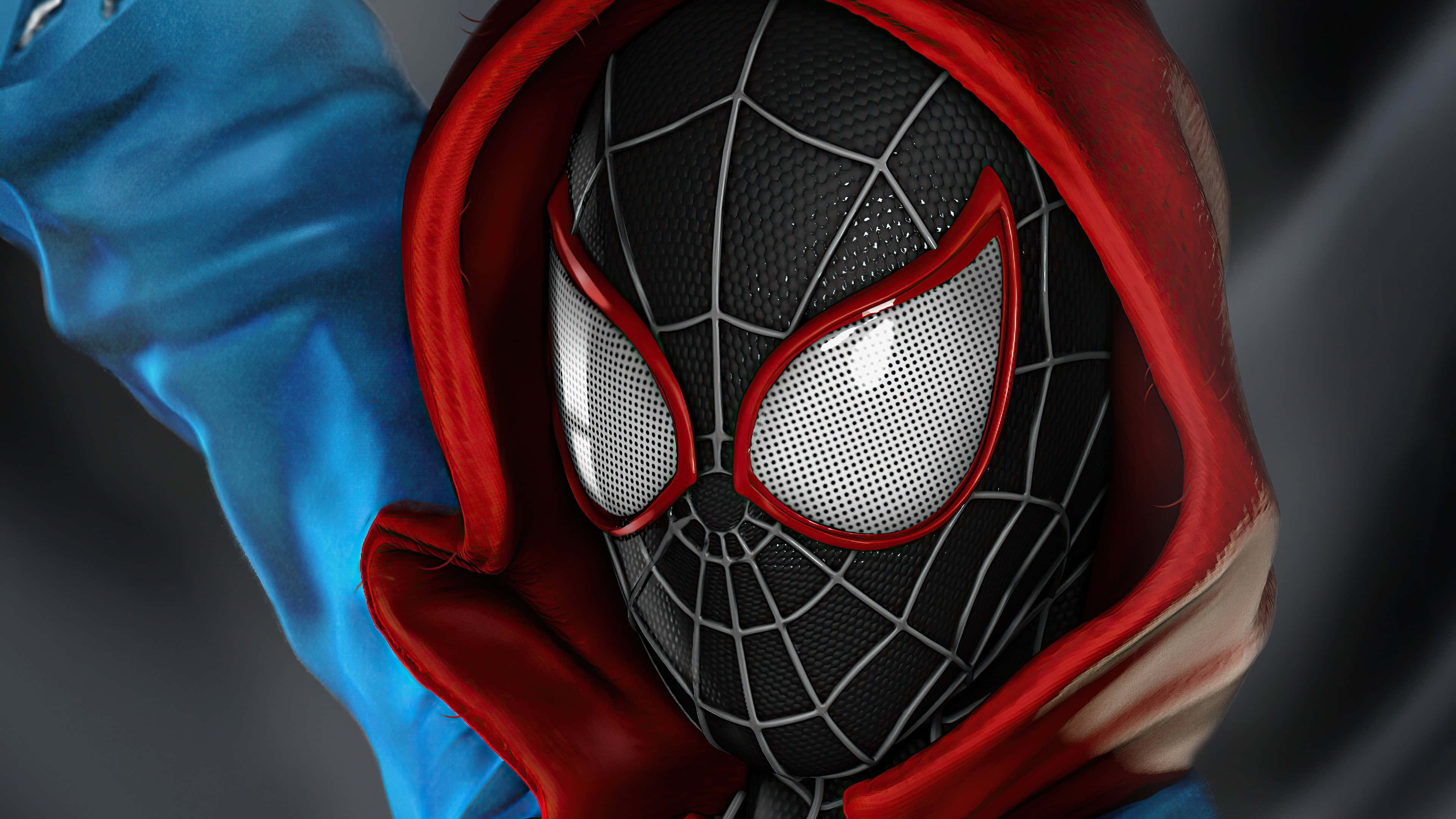Miles Morales 動漫 桌布 壁紙 — 蜘蛛俠特寫，身穿紅色連帽服，白色發光眼睛，藍色布料在身後飄動。