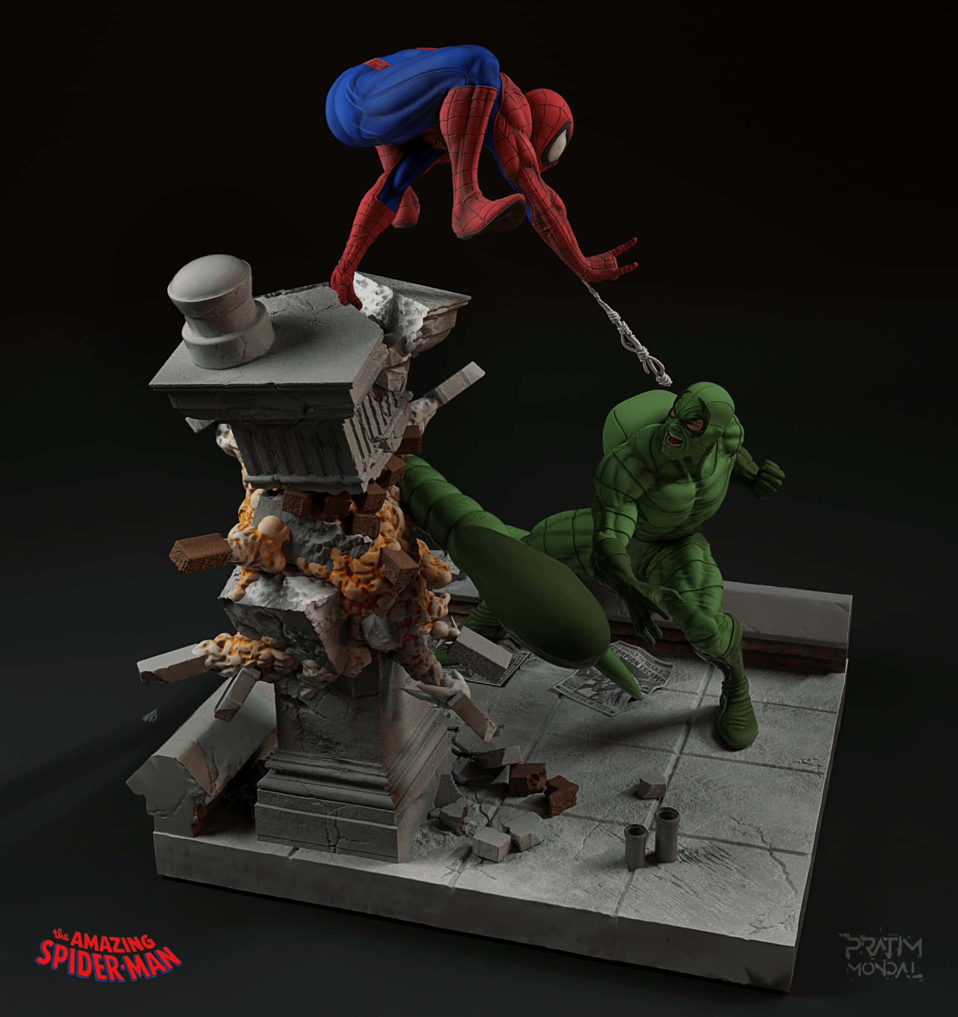 The Scorpion 桌布 壁紙 — 蜘蛛俠盪著蜘蛛絲衝向從 crumbling 石基座上撲來的綠惡魔。
