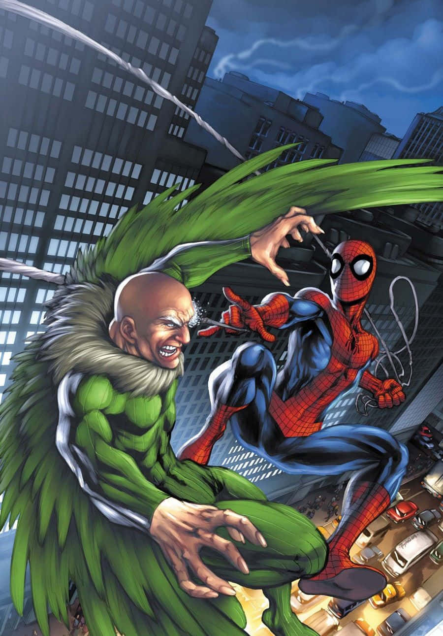 The Vulture 桌布 壁紙 — 蜘蛛俠穿梭城市天際，與綠惡魔展開一場動感漫畫動作場景。