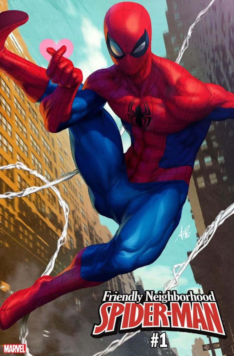 Friendly Neighborhood Spider-man 桌布 壁紙 — 蜘蛛俠穿著標誌性的紅藍戰衣，在陽光普照的城市景觀中擺盪，身後拖著蛛網線。