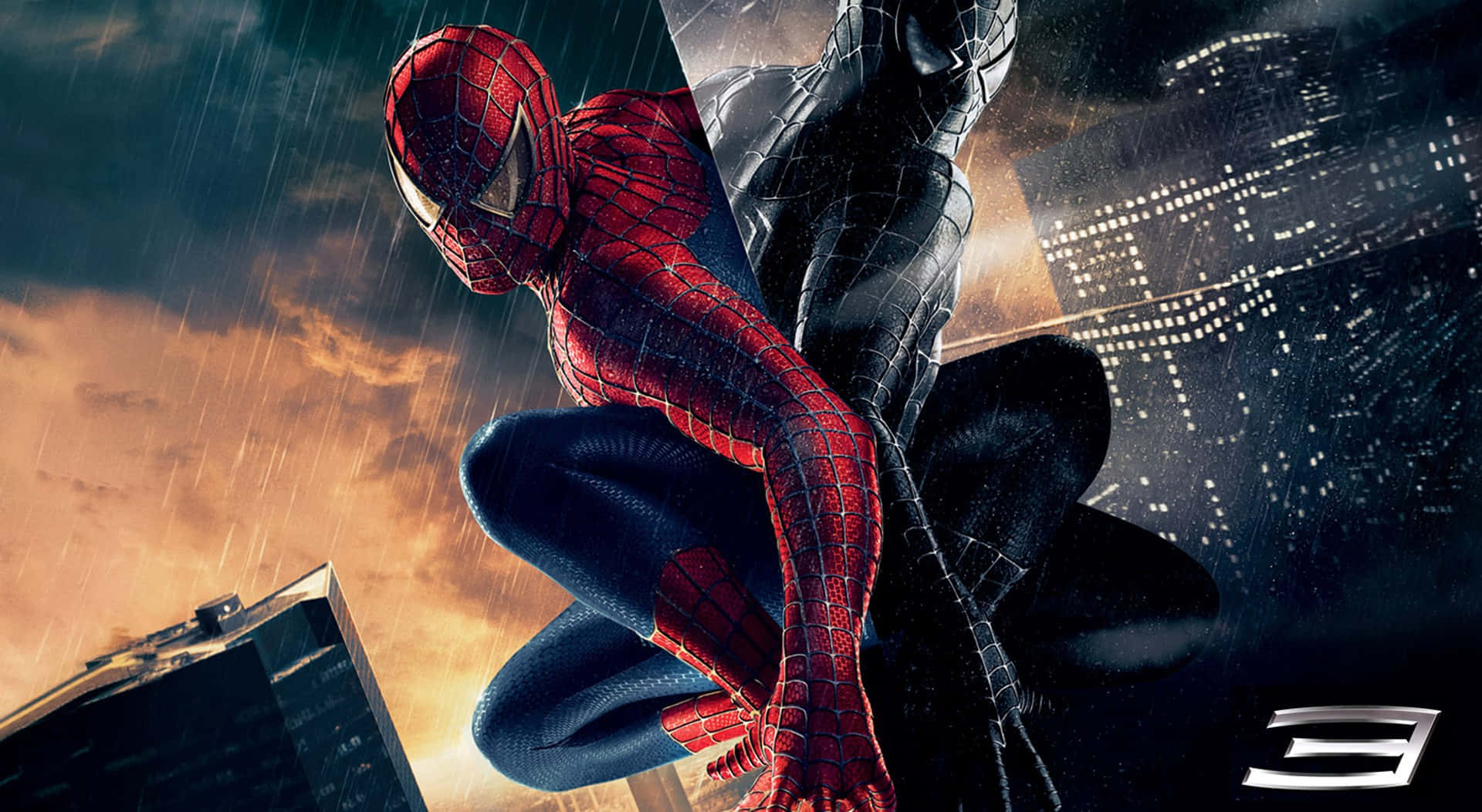 Spider Man 3 桌布 壁紙 — 蜘蛛俠穿著紅色和黑色戰衣，在日落時分的雨中城市天際線前蹲伏。