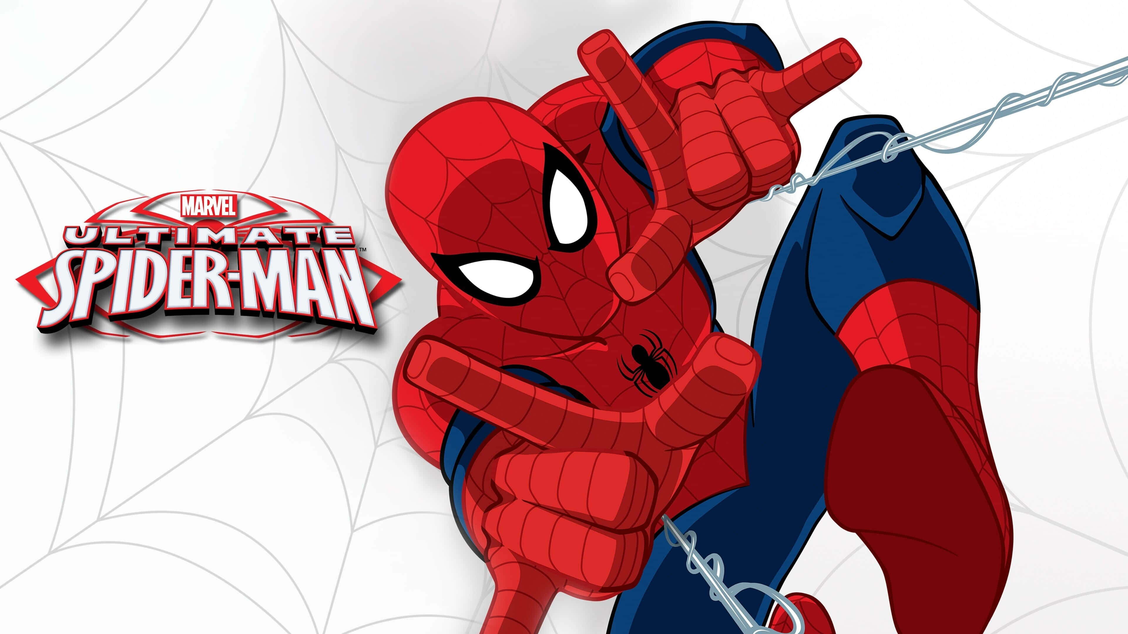 Ultimate Spider-man 桌布 壁紙 — 蜘蛛俠穿著紅藍戰衣，在白色蜘蛛網背景上以蜘蛛絲擺盪，並帶有Marvel Ultimate Spider-Man標誌。