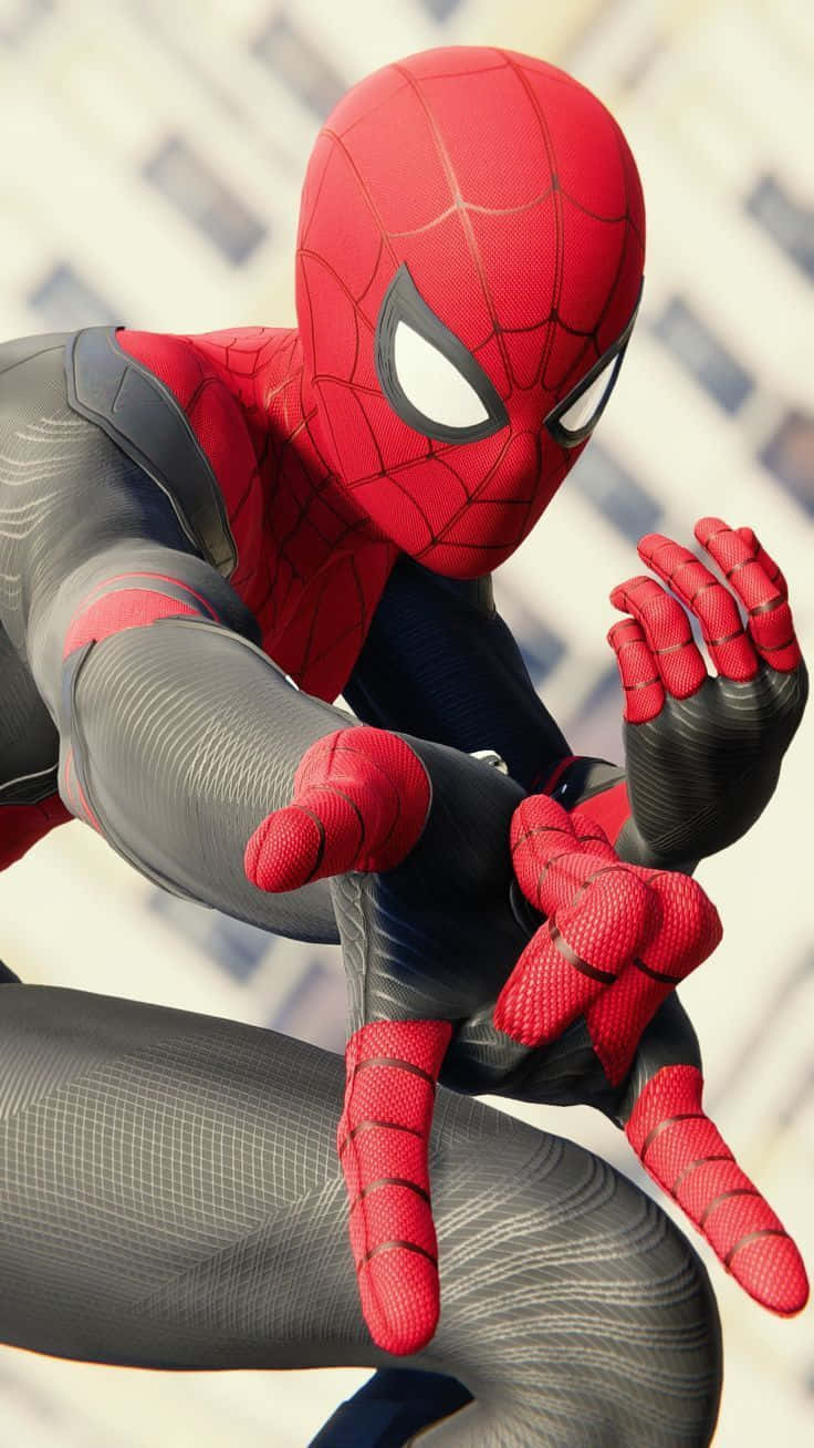 Web-slinging 桌布 壁紙 — 蜘蛛俠穿著紅黑色戰衣，在模糊的城市天際線前半蹲於空中。