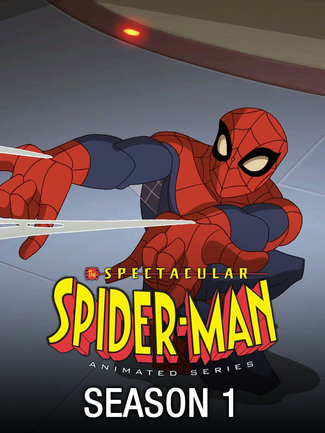 Animated Tv Show 桌布 壁紙 — 蜘蛛俠穿著經典紅藍戰衣，動態地蹲伏在光滑的未來主義牆壁前，牆上發出紅色光芒。