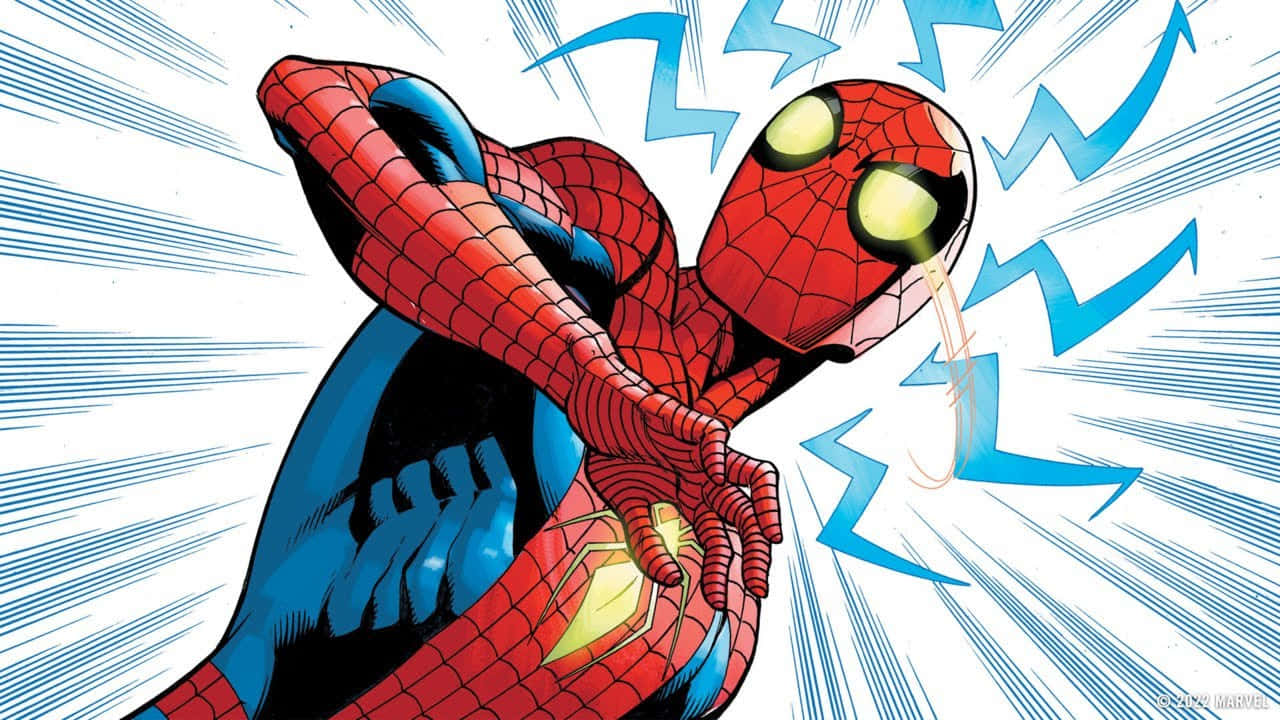 Spider-man Spider Sense 桌布 壁紙 — 蜘蛛俠穿著經典紅藍戰衣，在白色背景上以藍色動態線條動態擺出射網姿勢。