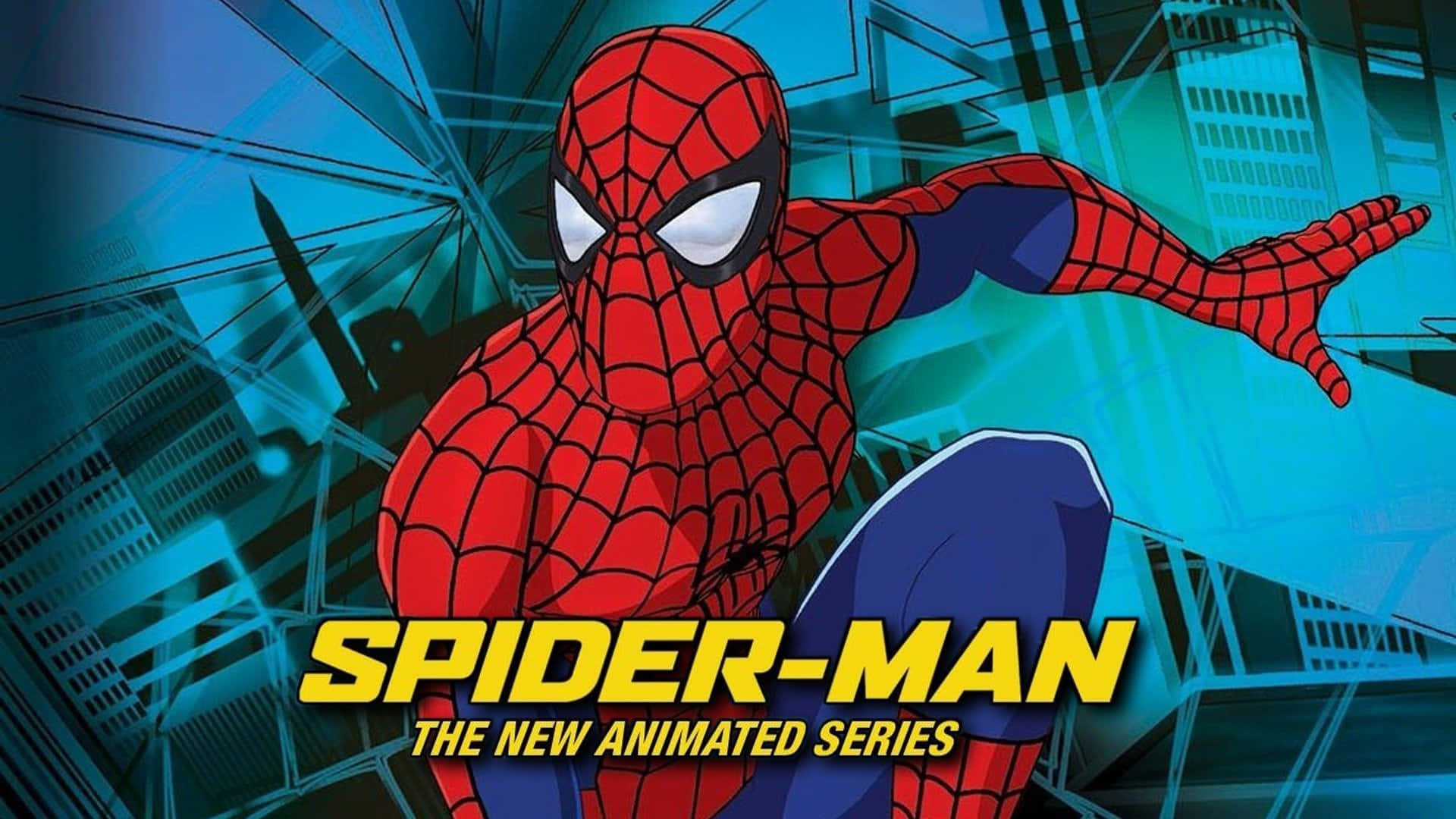 Animated Tv Show 桌布 壁紙 — 蜘蛛俠穿著經典紅藍戰衣，在風格化的藍色城市天際線背景下動態擺盪。
