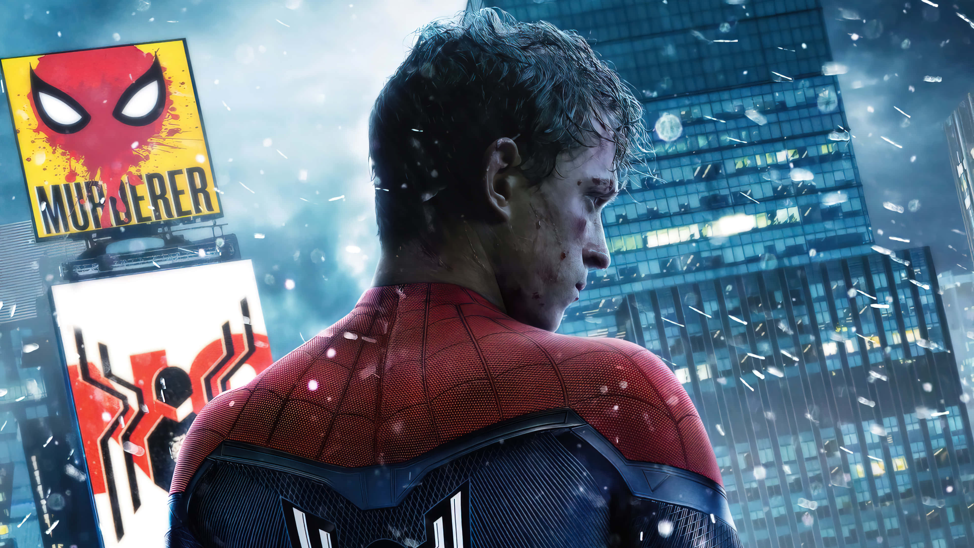 Spider Man No Way Home 桌布 壁紙 — 蜘蛛俠站在被雨水浸濕的城市景觀中，傷痕累累、疲憊不堪，雪花落在高聳的摩天大樓上，身後一塊寫著「MURDERER」的廣告牌赫然聳立。