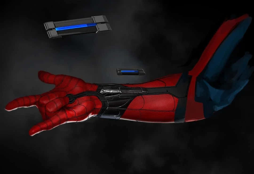 Spider-man Web Shooter 桌布 壁紙 — 蜘蛛俠紅藍色裝甲手臂的特寫，發光的藍色科技組件漂浮在黑暗煙霧空間中。