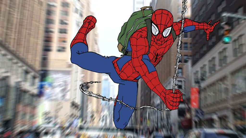 Spider-man Web Slinging 桌布 壁紙 — 蜘蛛俠背著綠色背包，手握蜘蛛絲，在繁華的城市景觀中擺盪。