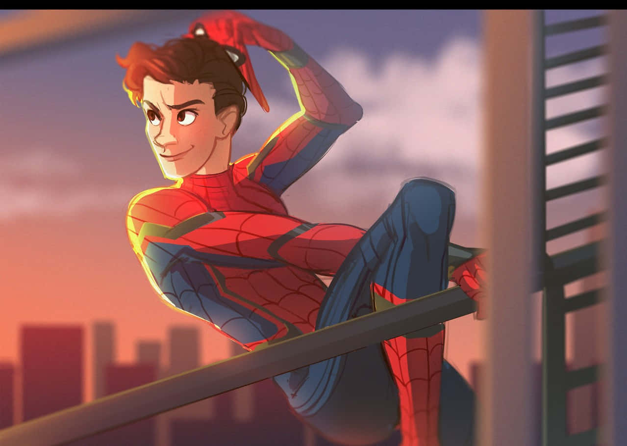 Friendly Neighborhood Spider-man 桌布 壁紙 — 蜘蛛俠自信地棲息在欄杆上，背景是溫暖的日落城市景觀，帶著頑皮的微笑。