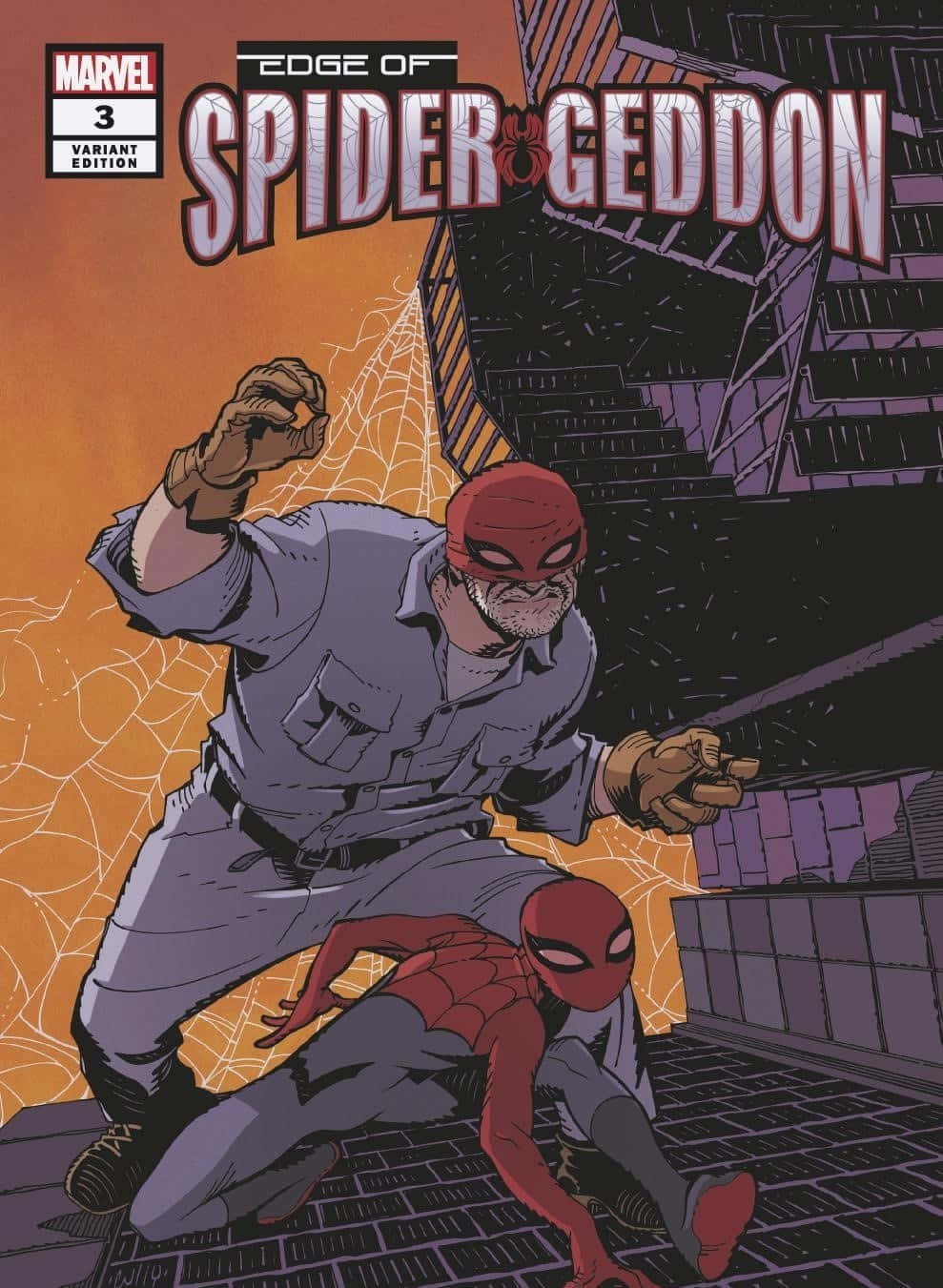 Spider-geddon 桌布 壁紙 — 蜘蛛俠與一個戴面具的人物在橙色天空下的屋頂上衝突，周圍有蜘蛛網圖案和城市建築。