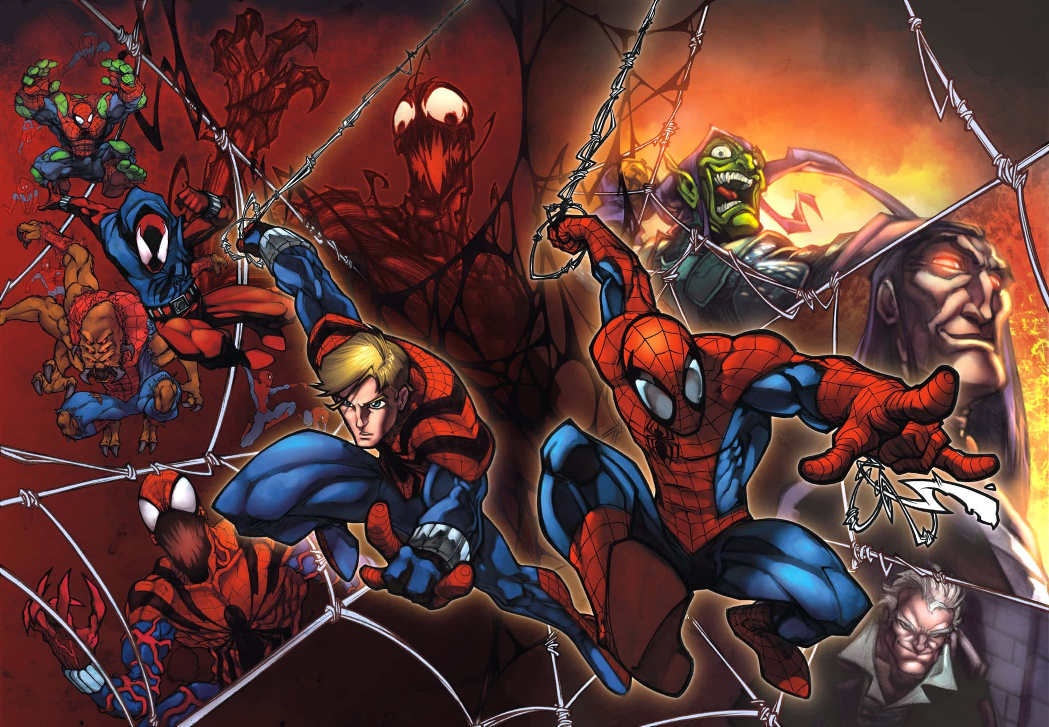 Ultimate Spider-man 桌布 壁紙 — 蜘蛛俠與他的盟友在一個熾熱且佈滿蜘蛛網的戰場上與威脅性的惡棍戰鬥。