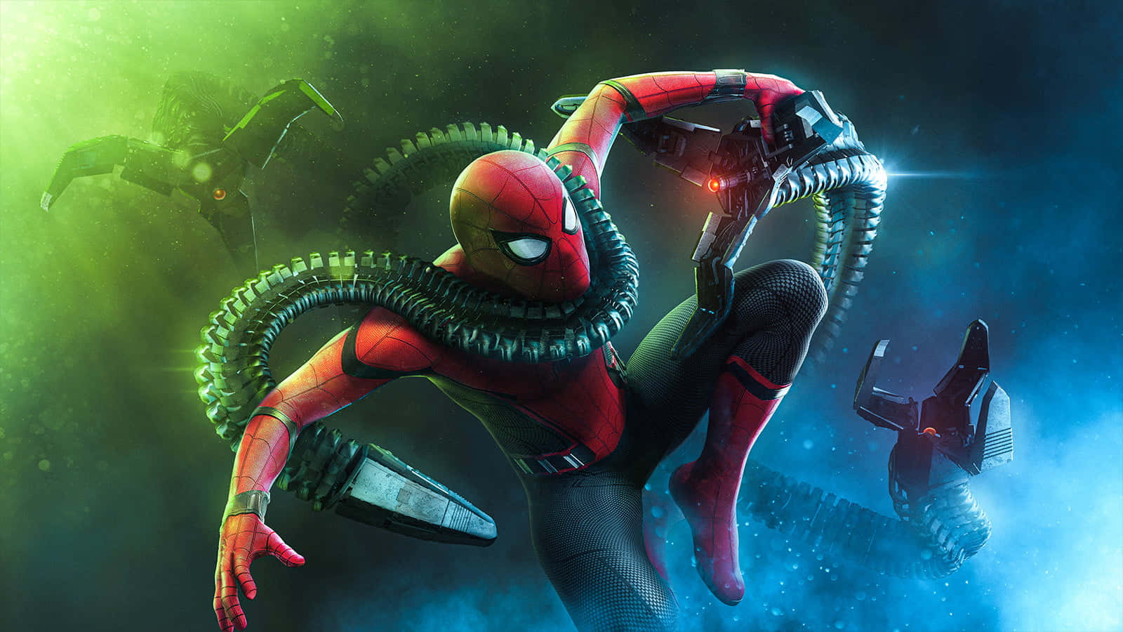 Spider Man No Way Home 桌布 壁紙 — 蜘蛛俠與八爪魚博士在充滿動感的宇宙戰鬥中對決，伴隨著發光的綠色和藍色能量效果。