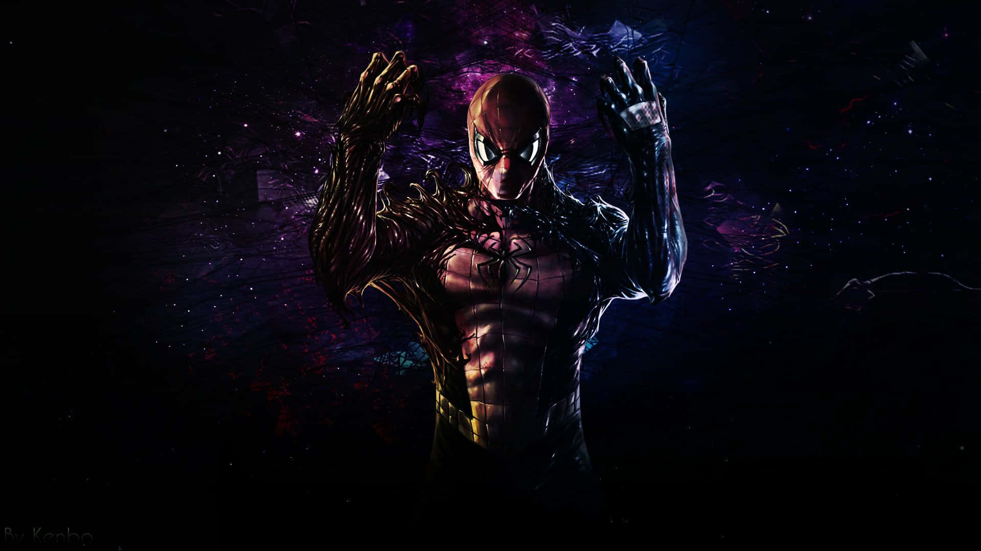 Venom Comic Book 桌布 壁紙 — 蜘蛛俠與共生體融合，在黑暗太空中以發光的紫色和藍色色調對抗宇宙星雲。