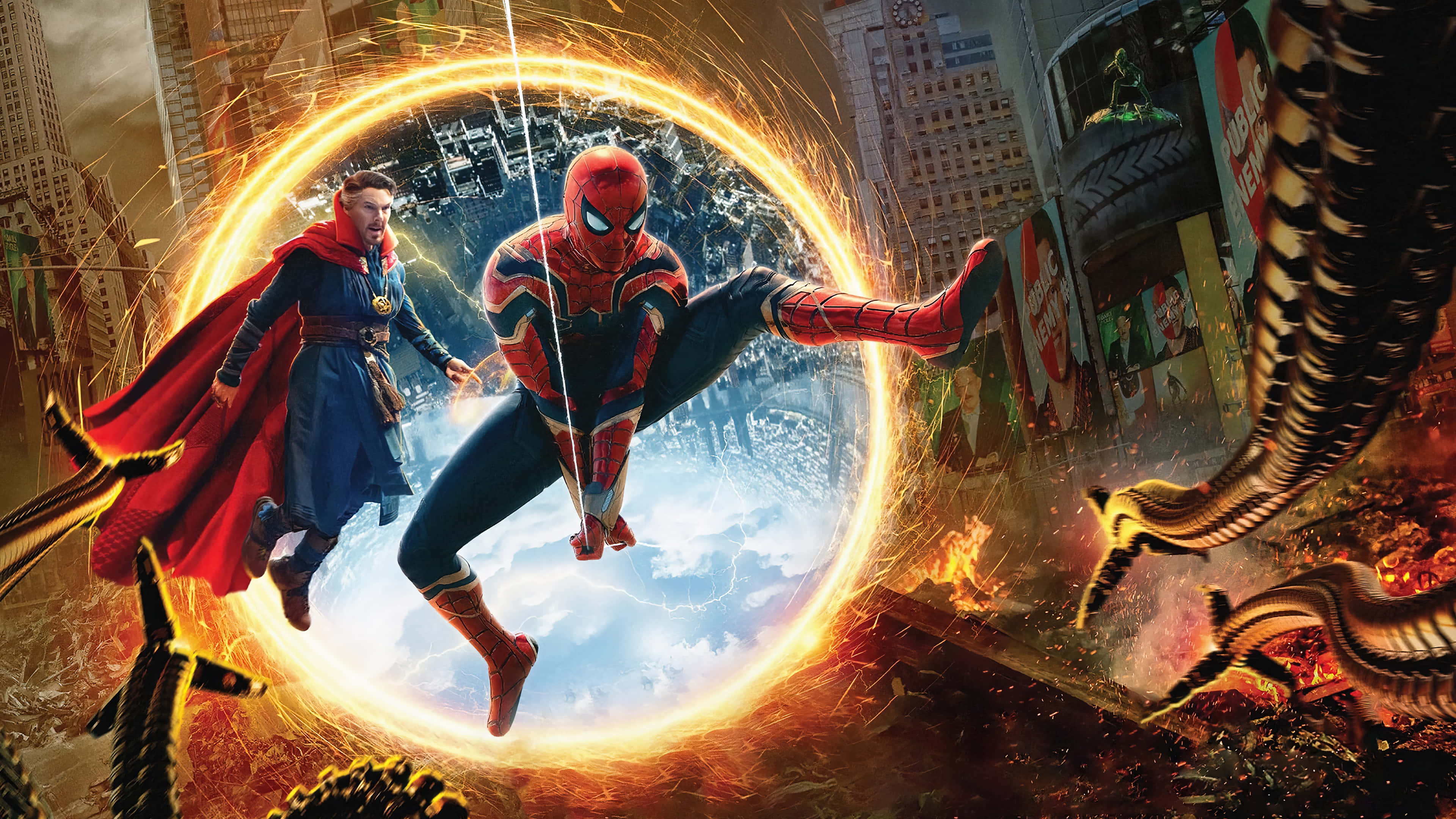 Spider Man No Way Home 桌布 壁紙 — 蜘蛛俠與奇異博士在城市上空熾熱的次元傳送門中與巨型觸手戰鬥。