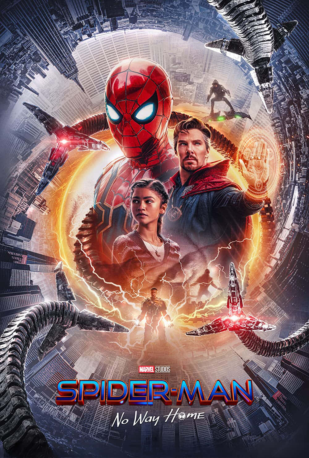 Spider Man No Way Home 桌布 壁紙 — 蜘蛛俠與奇異博士在閃電和外星威脅的漩渦中英勇地站在破碎的城市景觀之上。