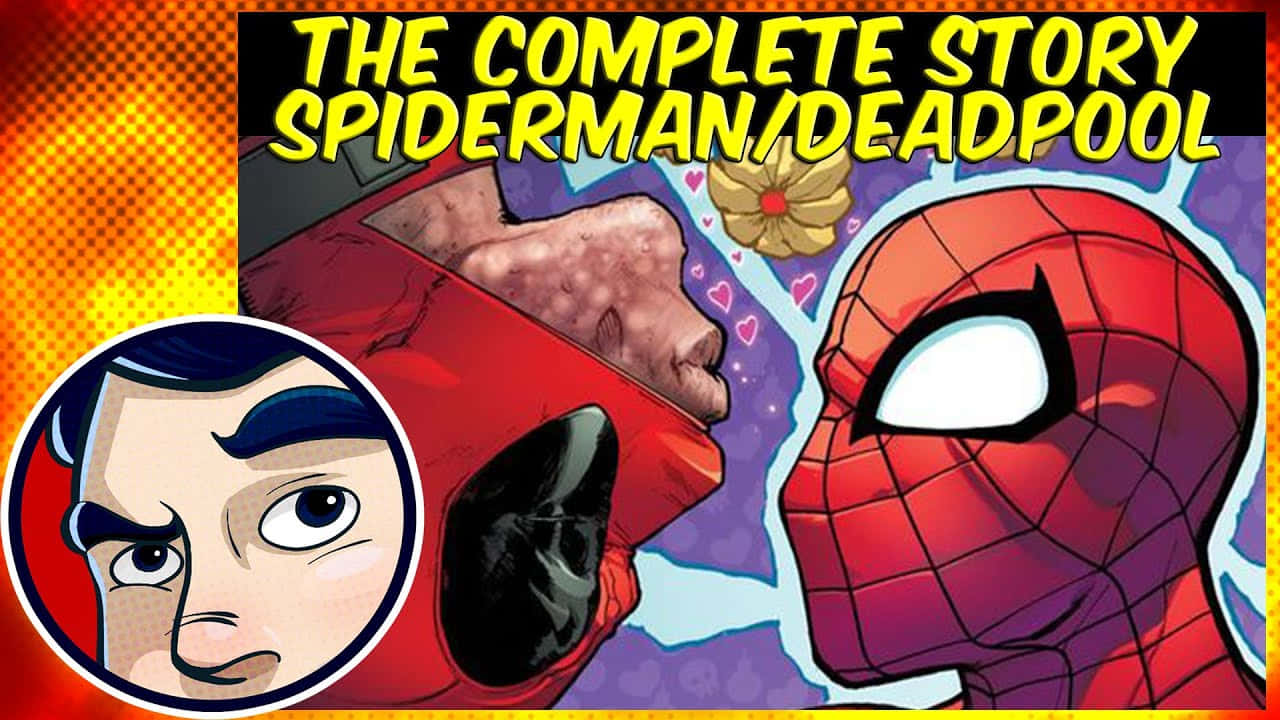 Deadpool And Spiderman 桌布 壁紙 — 蜘蛛俠與死侍在一個充滿活力的漫畫面板中分享了一個喜劇性的親吻，配有粗體黃色文字和半色調背景。