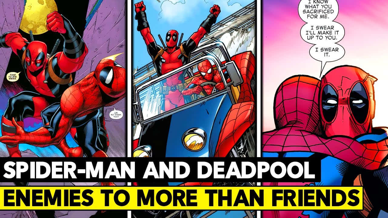 Deadpool And Spiderman 桌布 壁紙 — 蜘蛛俠與死侍在動態漫畫格中展現友誼與動作，搭配大膽的紅色和藍色。