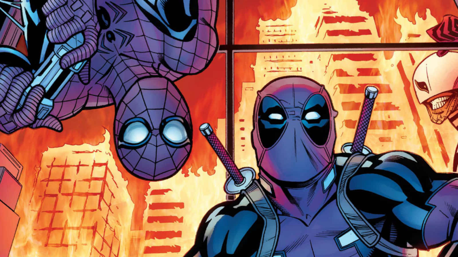 Deadpool And Spiderman 桌布 壁紙 — 蜘蛛俠與死侍在火熱的城市場景中準備就緒，背景中有一個骷髏臉的惡魔若隱若現。
