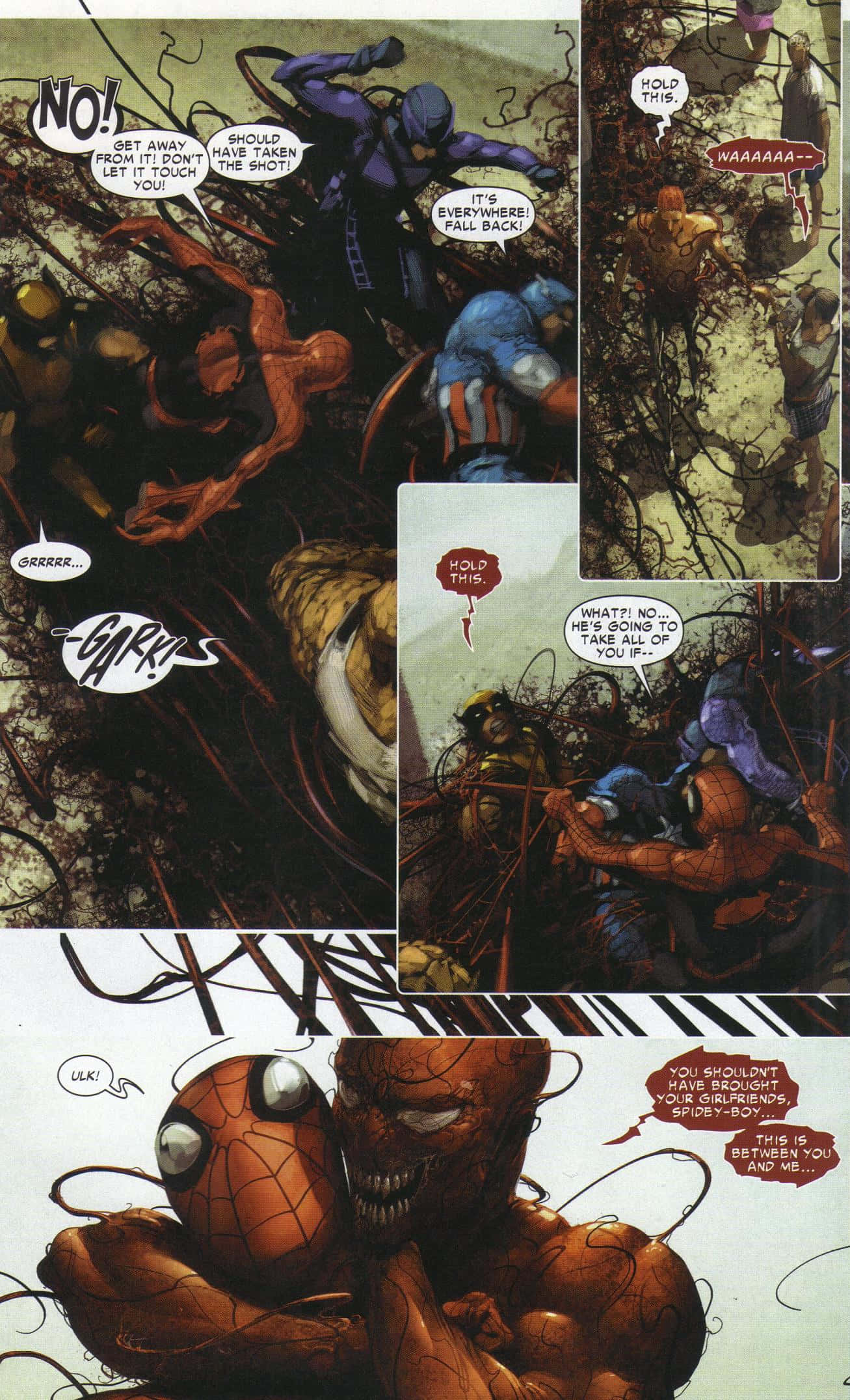 Carnage USA 桌布 壁紙 — 蜘蛛俠與盟友在一個充滿動作和對話的混亂漫畫書面板中與一個怪物般的共生體戰鬥。