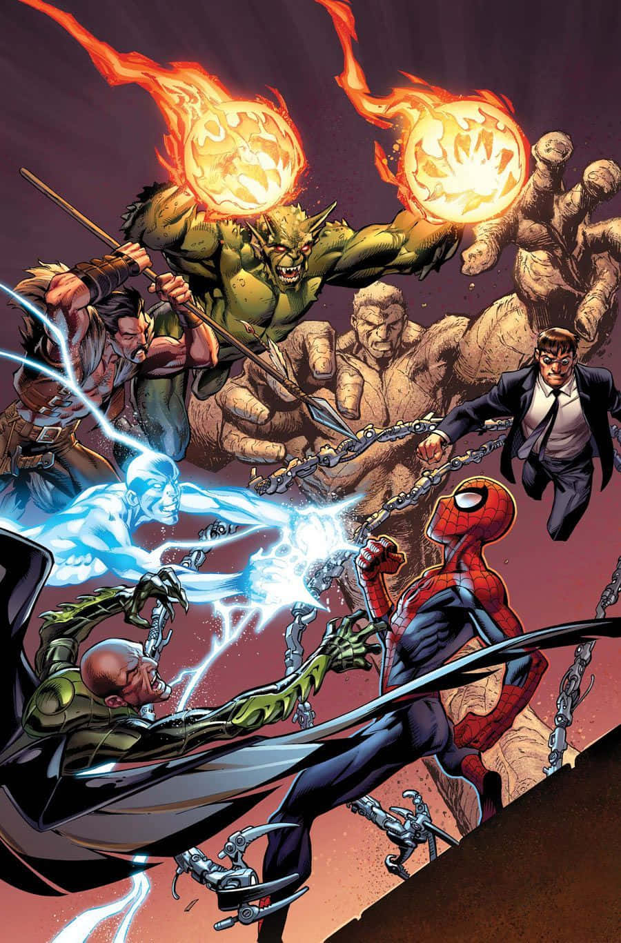 Sinister Six 桌布 壁紙 — 蜘蛛俠與盟友在動態漫畫動作場景中與火綠怪物和發光藍色反派戰鬥。
