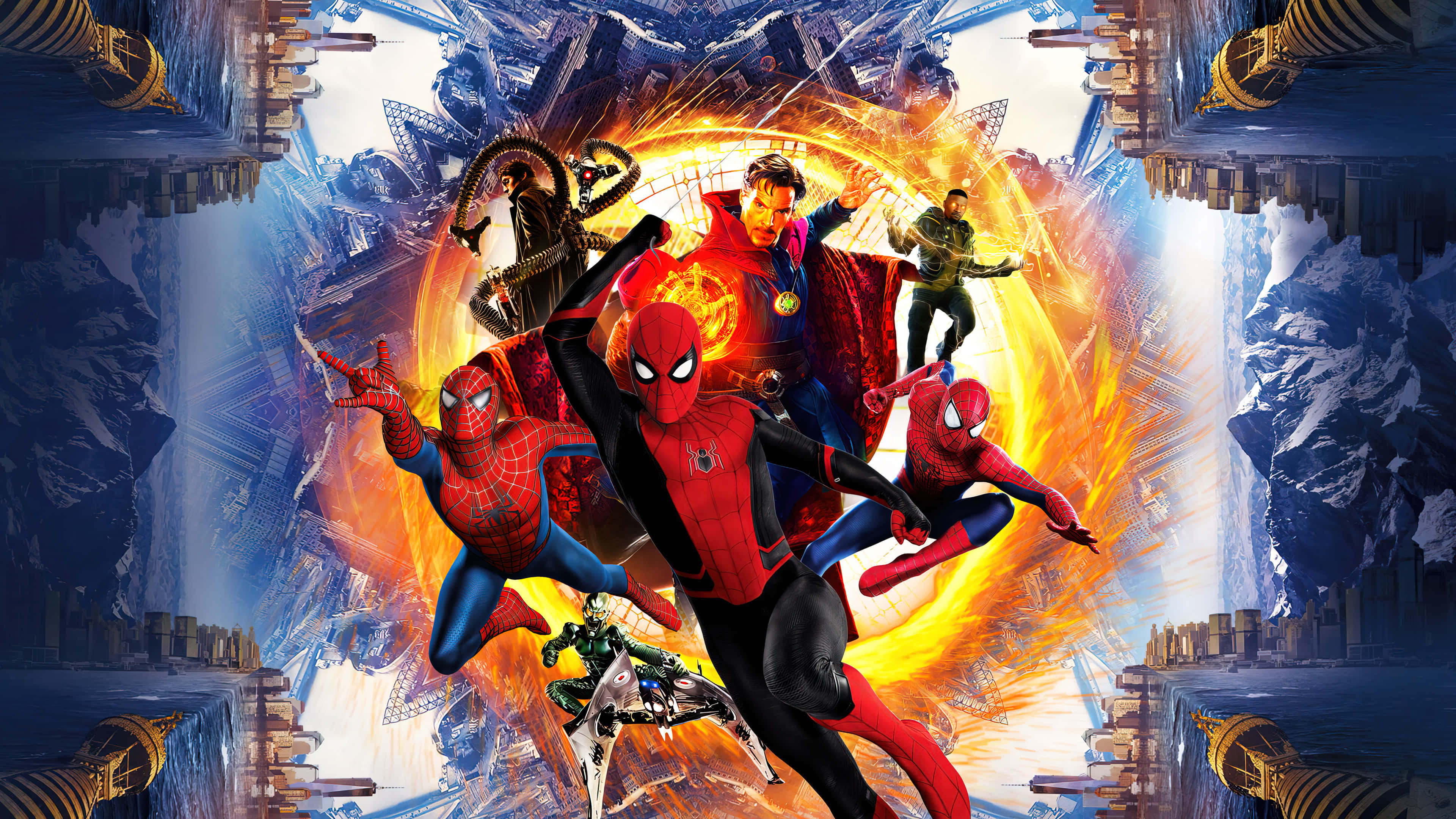 Spider Man No Way Home 桌布 壁紙 — 蜘蛛俠與盟友在破碎城市上空的烈焰次元裂縫中戰鬥。