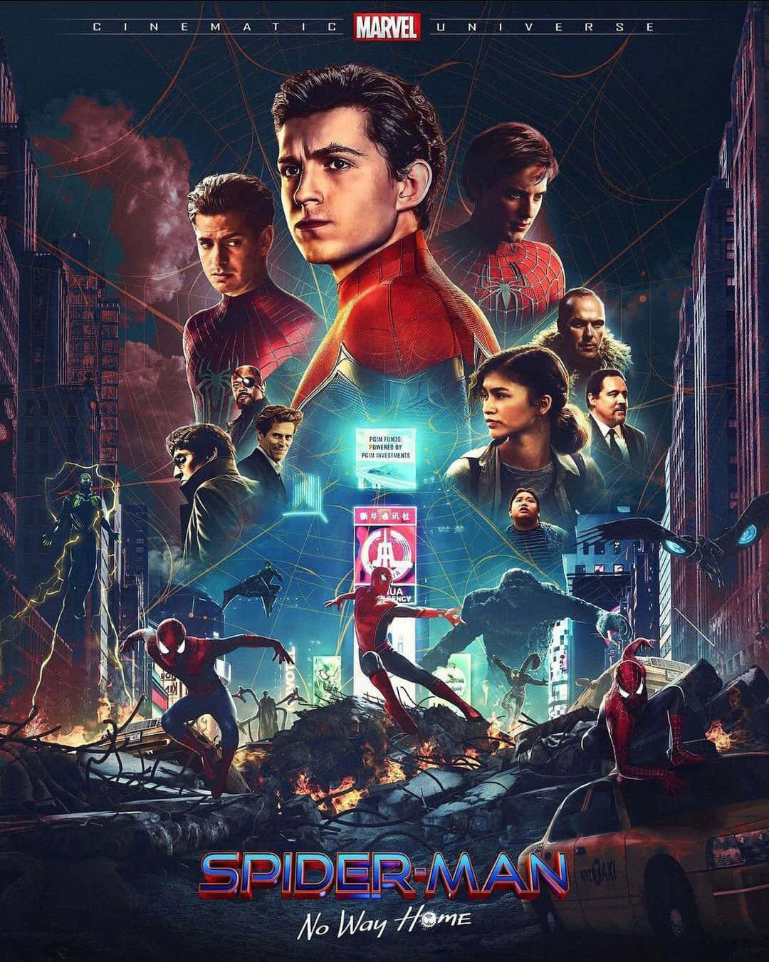 Spider Man No Way Home 桌布 壁紙 — 蜘蛛俠與盟友在黑暗天空下，於破碎的城市景觀中戰鬥，這是一張Marvel電影海報。