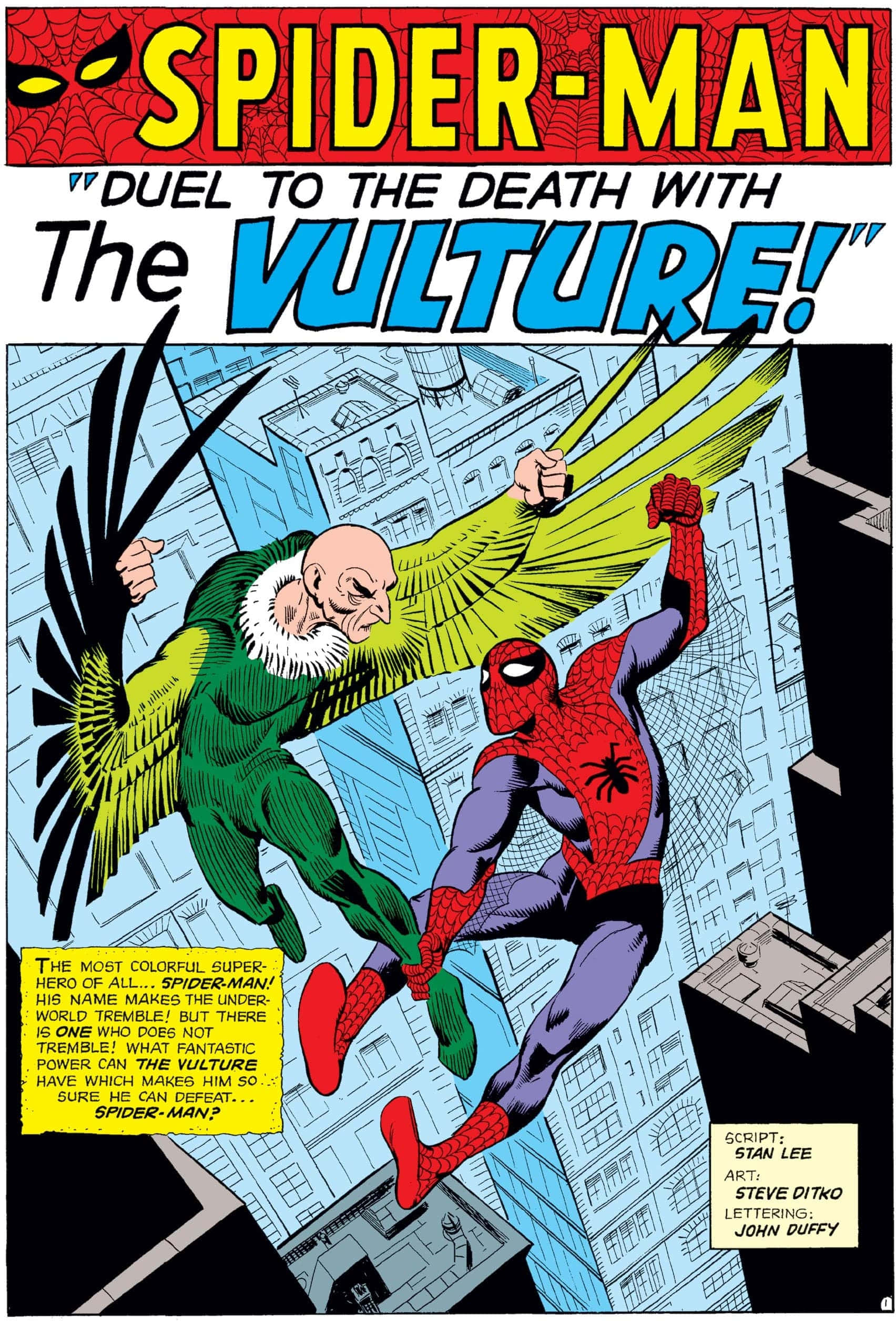 The Vulture 桌布 壁紙 — 蜘蛛俠與禿鷹在經典漫畫面板中於城市景觀上空半空中交鋒。