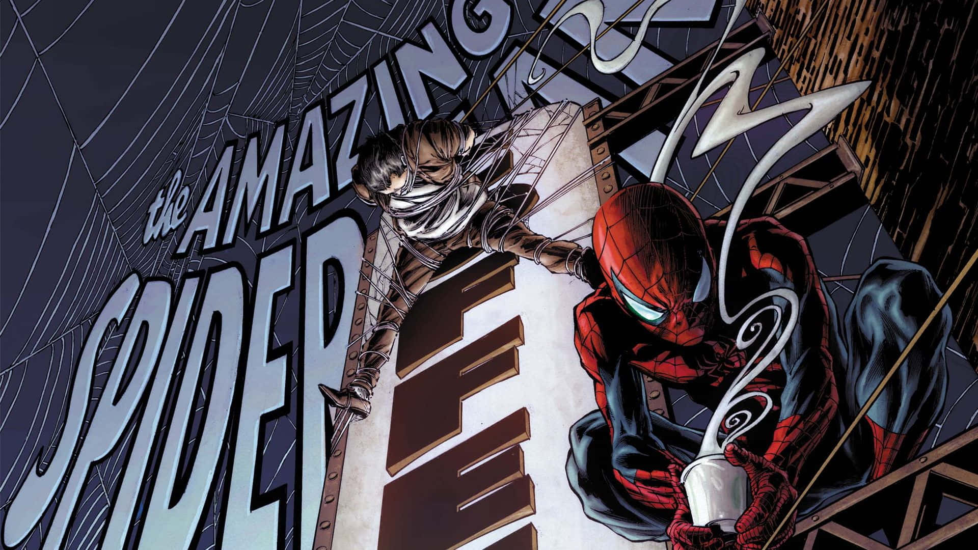 Venom Comic Book 桌布 壁紙 — 蜘蛛俠與蒙面惡棍在摩天大廈邊緣對峙，下方有粗體漫畫字樣。