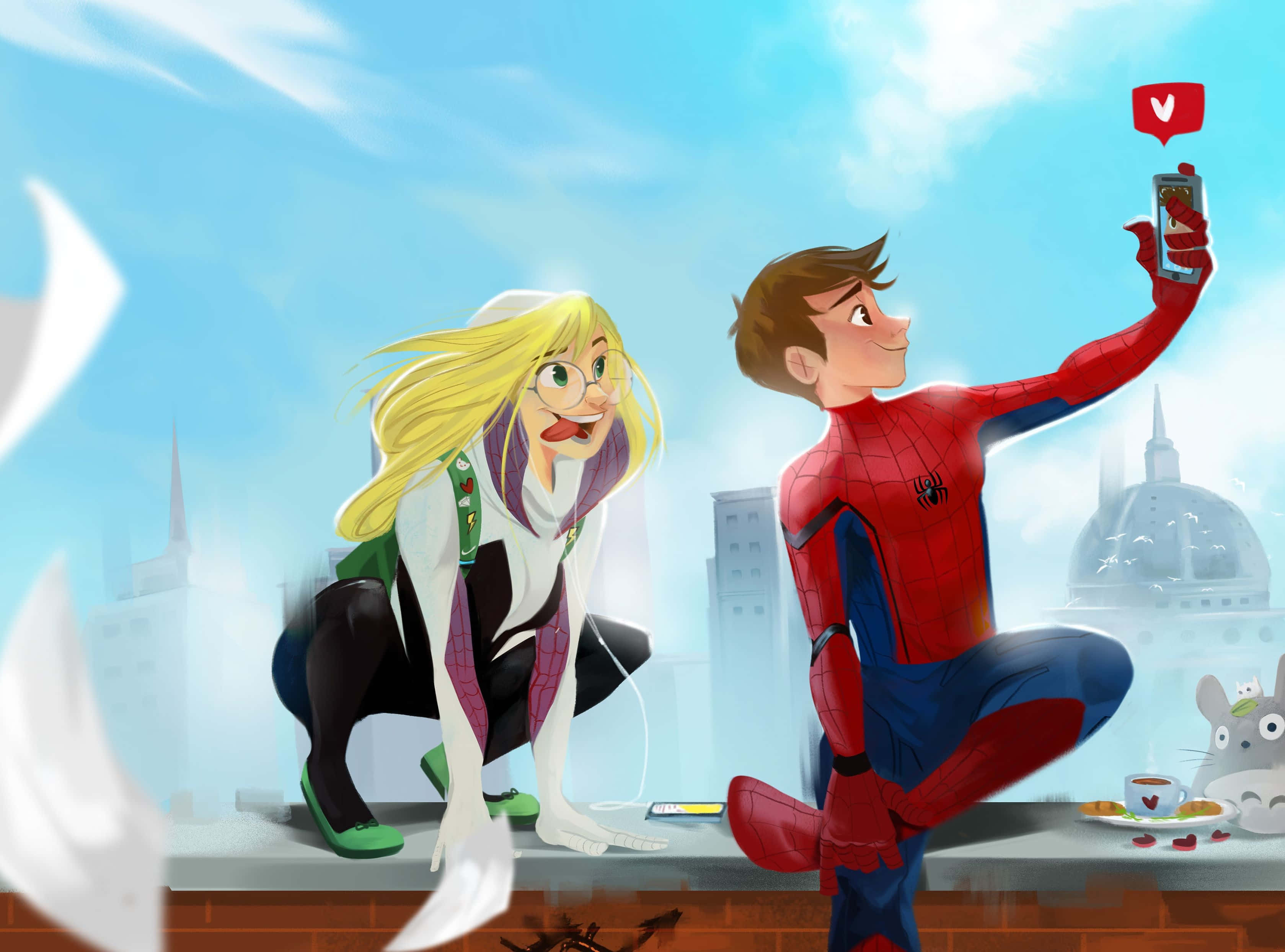 Gwen Stacy 桌布 壁紙 — 蜘蛛俠與關·史黛西在天台上自拍，而龍貓在明亮的城市景觀中在附近觀看。