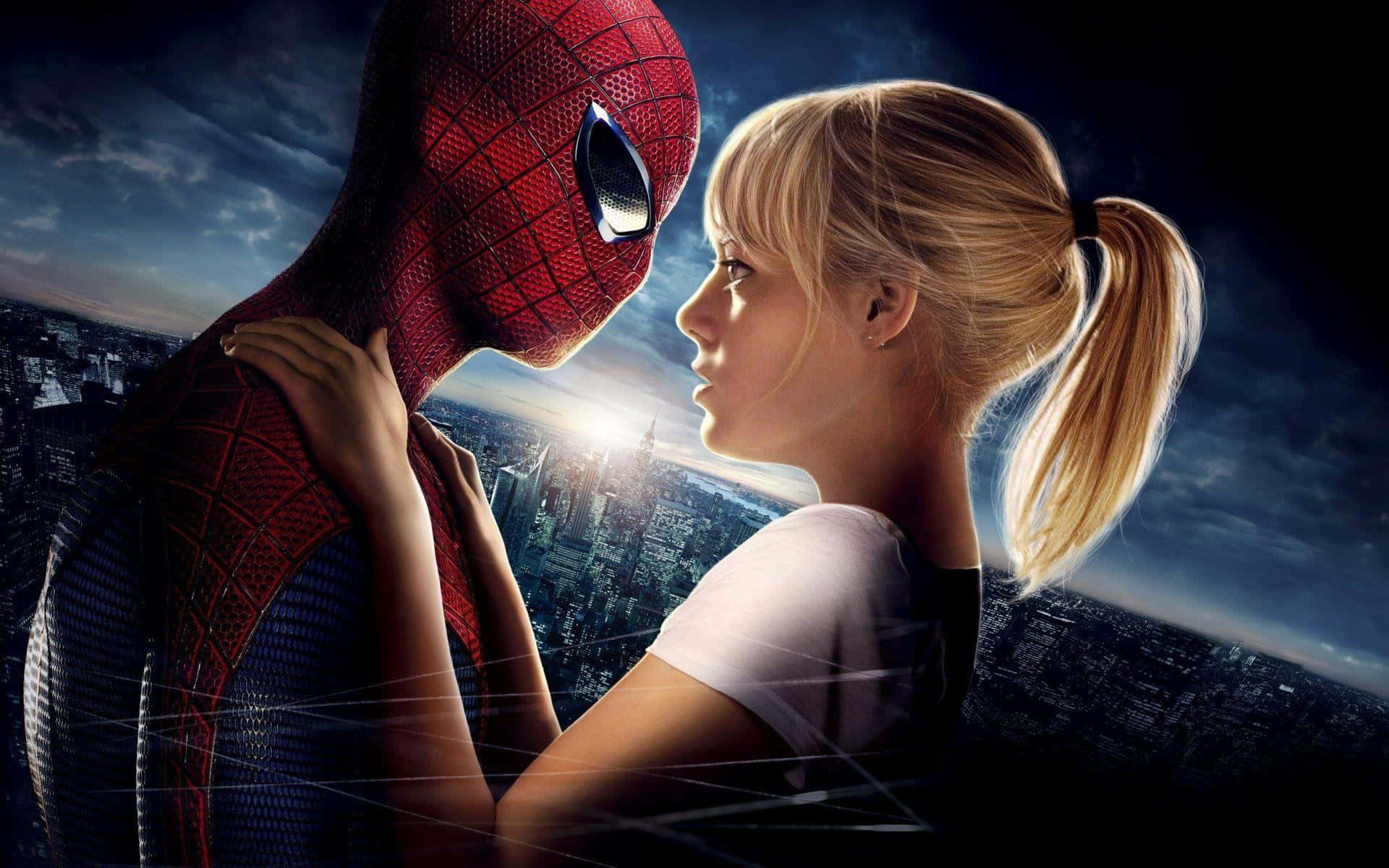 Gwen Stacy 桌布 壁紙 — 蜘蛛俠與關·史黛西在日落時分於廣闊的城市景觀上空分享親密時刻。