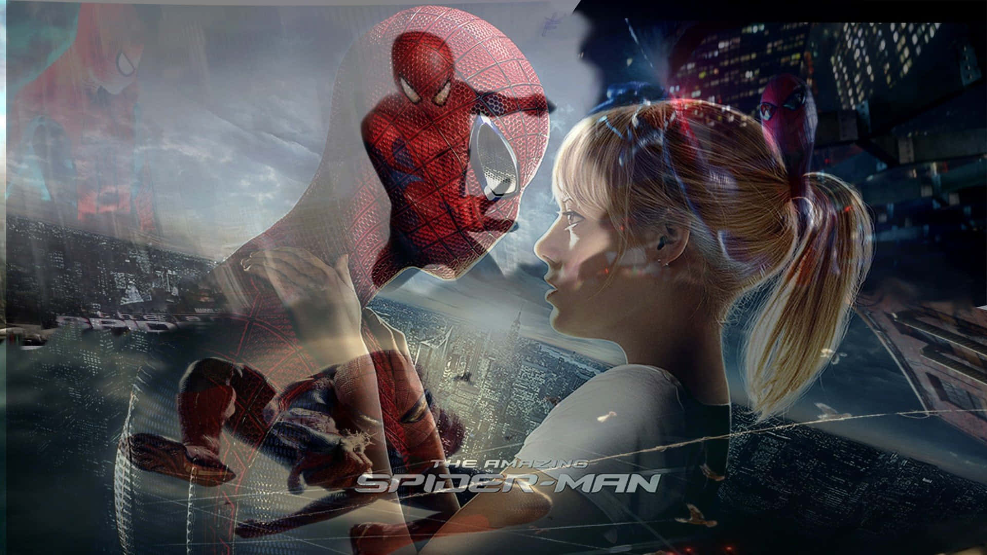 Gwen Stacy 桌布 壁紙 — 蜘蛛俠與關·史黛西在雨中的城市景觀上分享親密時刻，周圍有發光的摩天大樓和蜘蛛網線。