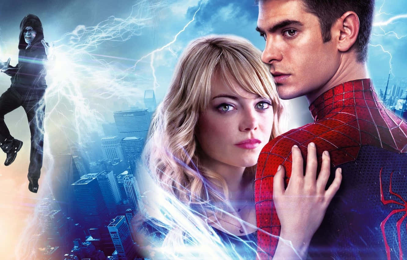 Gwen Stacy 桌布 壁紙 — 蜘蛛俠與關·史黛西在風暴中的城市景觀中並肩而立，電光人在背景中放電。
