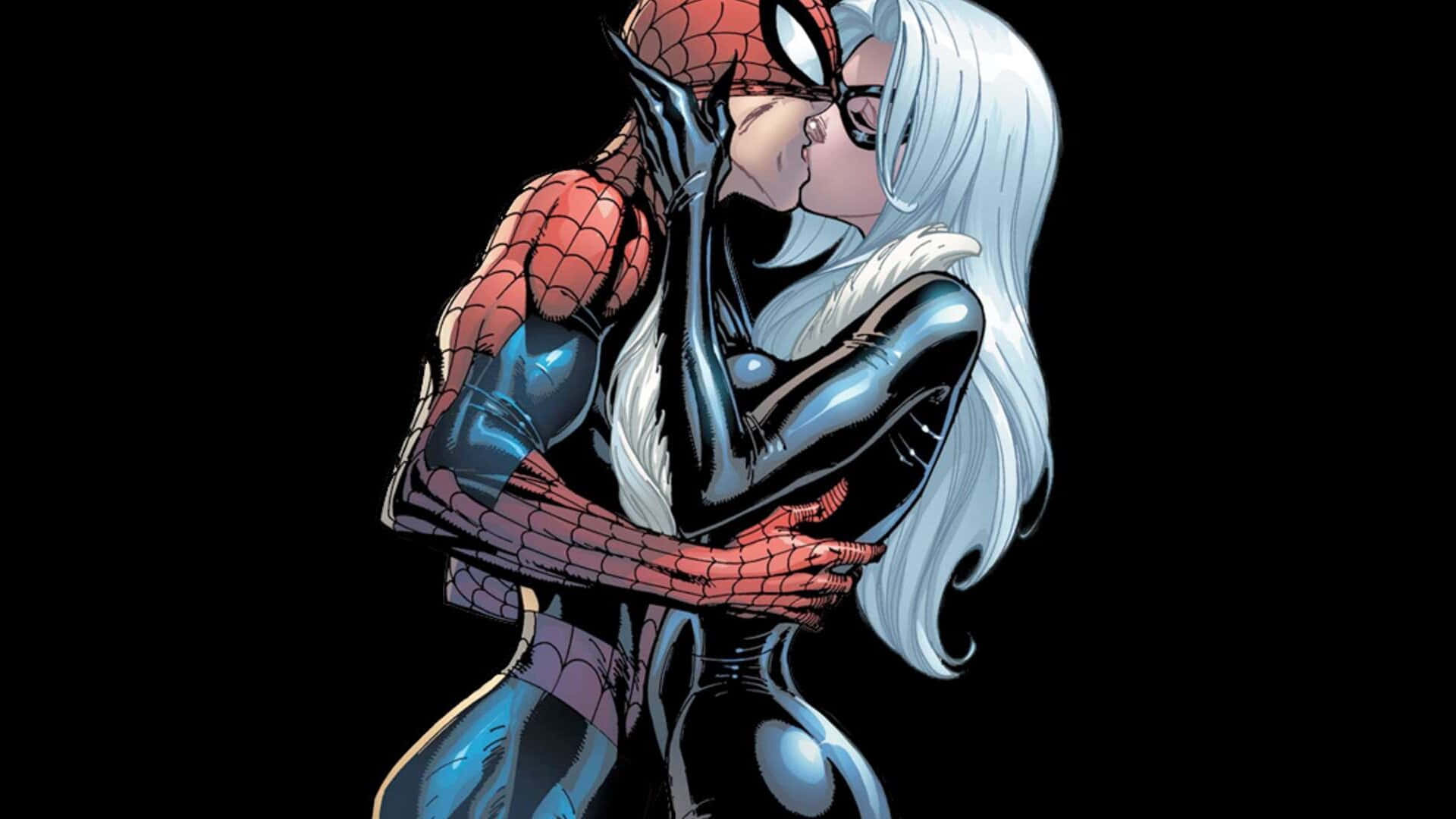 Silver Sable 桌布 壁紙 — 蜘蛛俠與黑貓在純黑背景上，以動感漫畫插畫風格親密接吻。