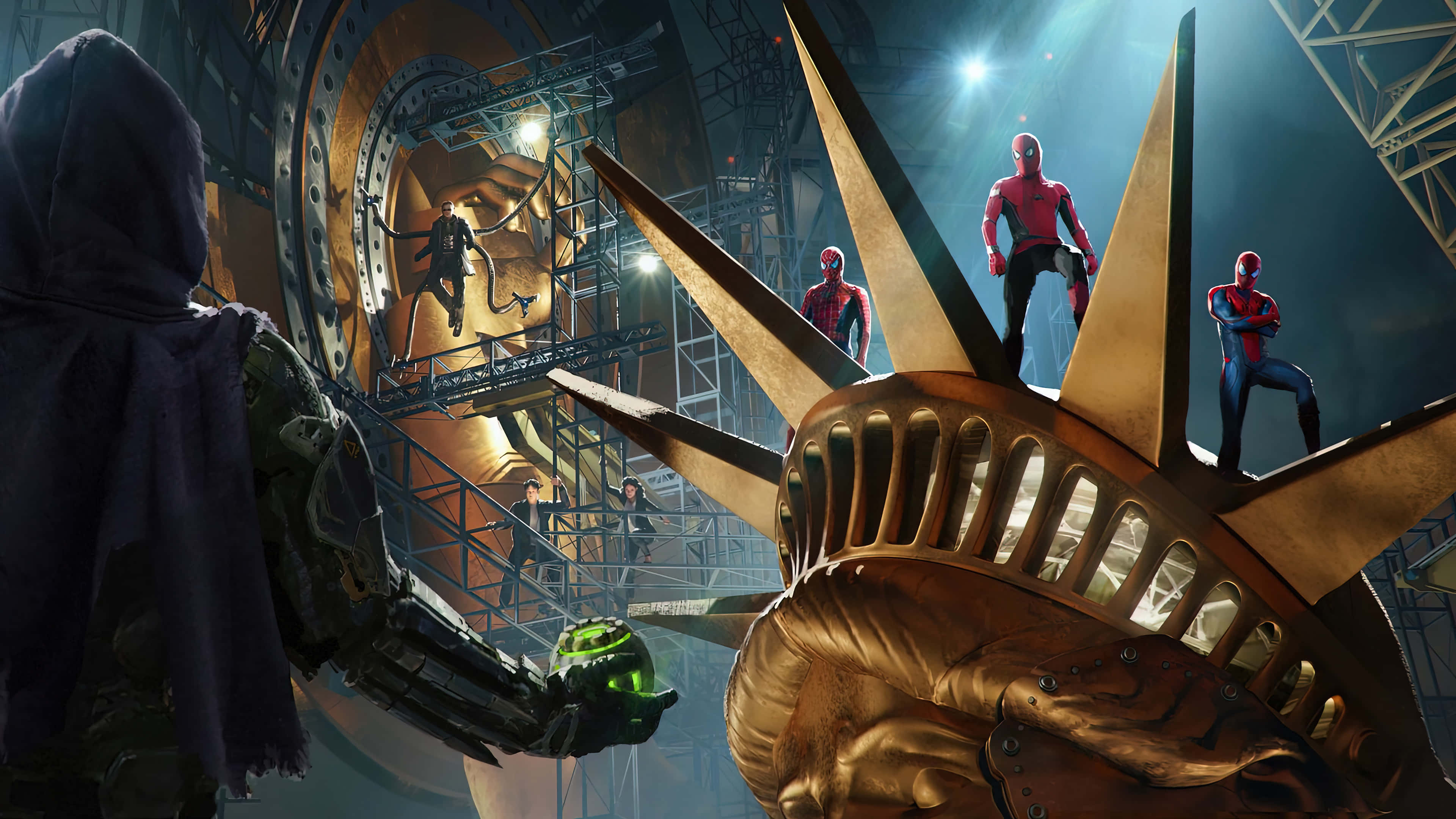 Spider Man No Way Home 桌布 壁紙 — 蜘蛛俠英雄們站在金色的自由女神像頭頂上，在戲劇性的舞台燈光下，一個披著斗篷、戴著發光綠色手套的身影在前景中若隱若現。
