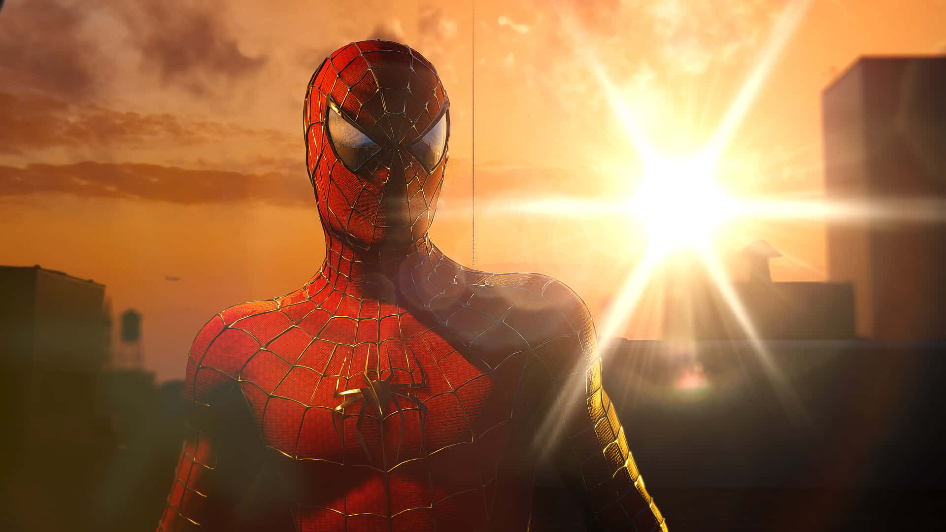 Ultimate Spider-man 桌布 壁紙 — 蜘蛛俠英雄地站在城市天際線上，背景是耀眼的日落和放射狀陽光效果。
