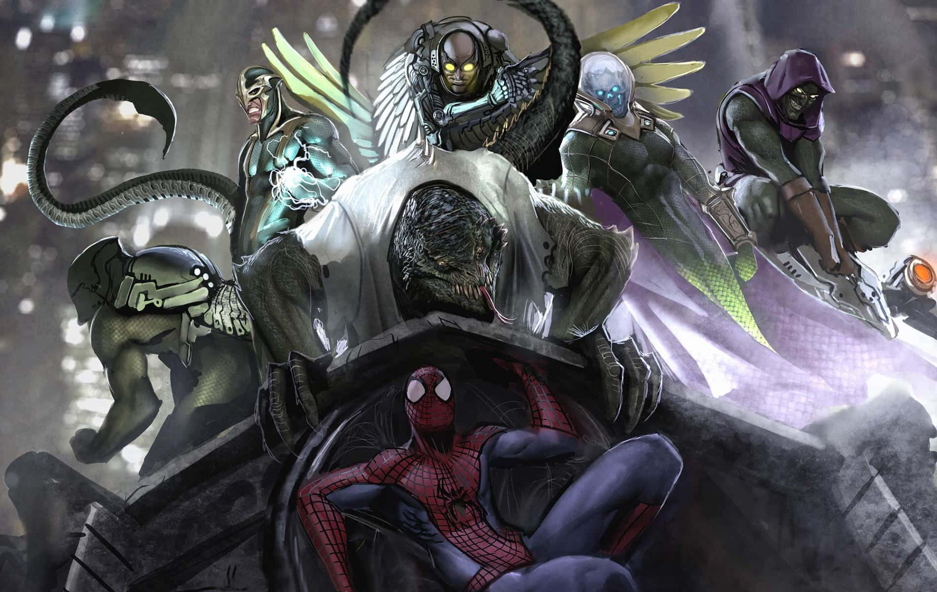 Sinister Six 桌布 壁紙 — 蜘蛛俠被包括毒液和八爪博士在內的威脅性反派包圍在黑暗的城市戰鬥場景中。