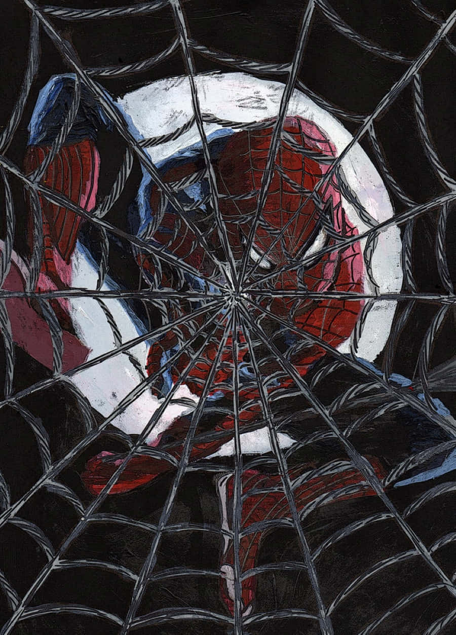 Friendly Neighborhood Spider-man 桌布 壁紙 — 蜘蛛俠被纏繞在密集的蜘蛛網中，背景為深色，帶有鮮明的紅、藍、白色。